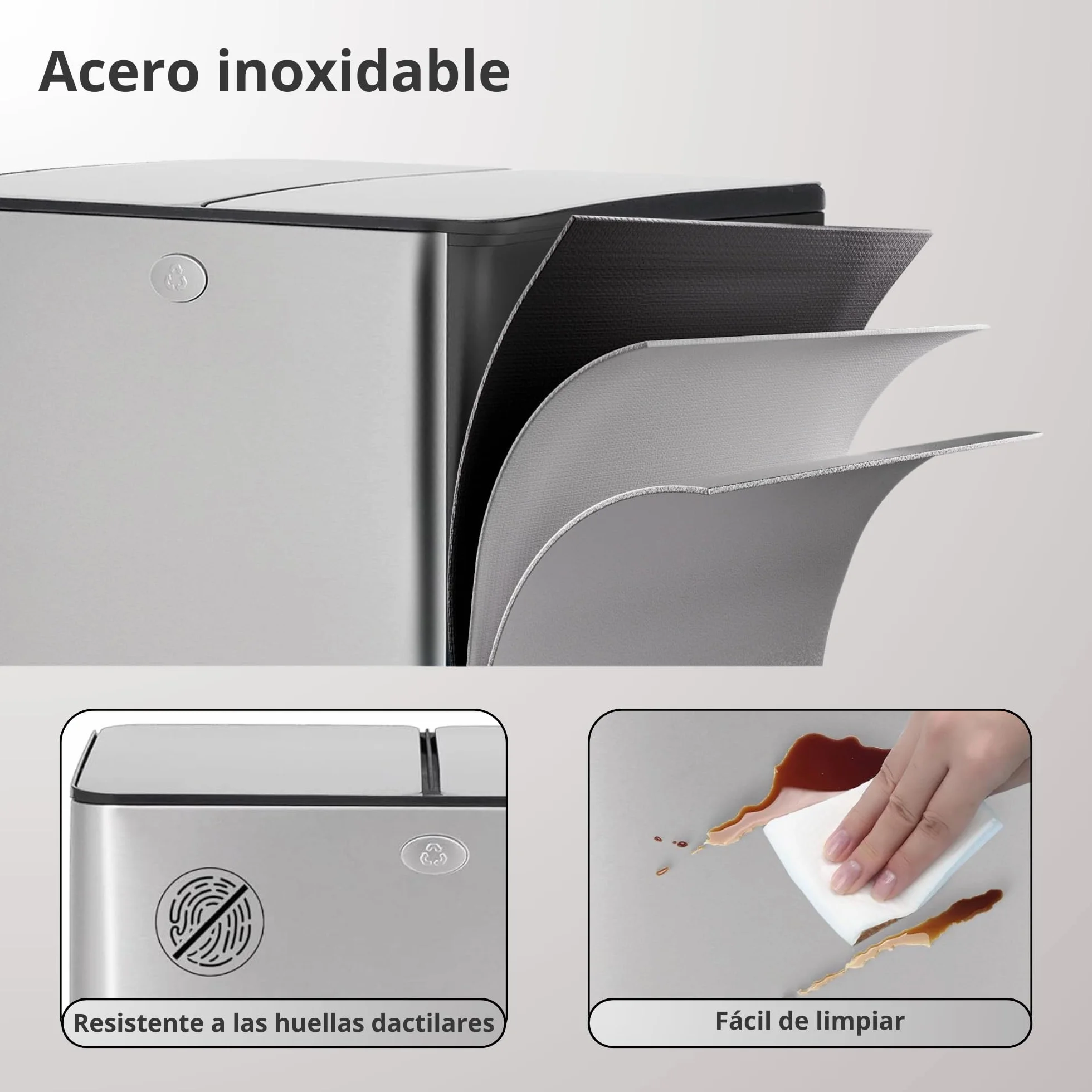 Cubo de Basura para Cocina 2 x 30L (60L), Cubo de Reciclaje Doble, de Acero Inoxidable Antihuella, Tapa de Cierre Suave y Pedal, Incluye 20 Bolsas de Basura, Compartimentos Separados