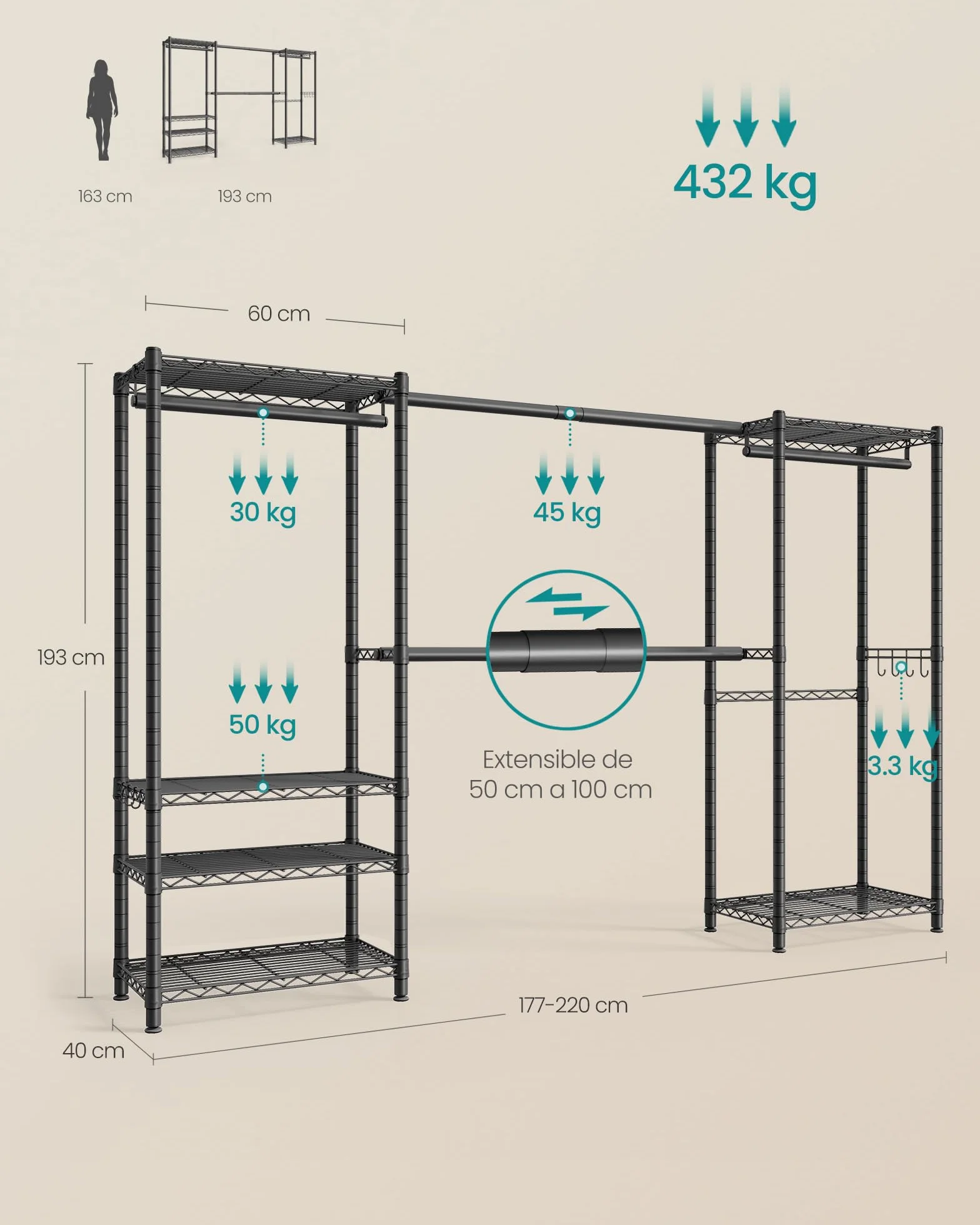 SONGMICS Burro para Ropa, Armario Portátil con Baldas de Rejilla Ajusables y Barras de Colgar Extensibles, Ganchos, 40 x (177-220) x 193 cm, Negro Tinta LGR438BH01