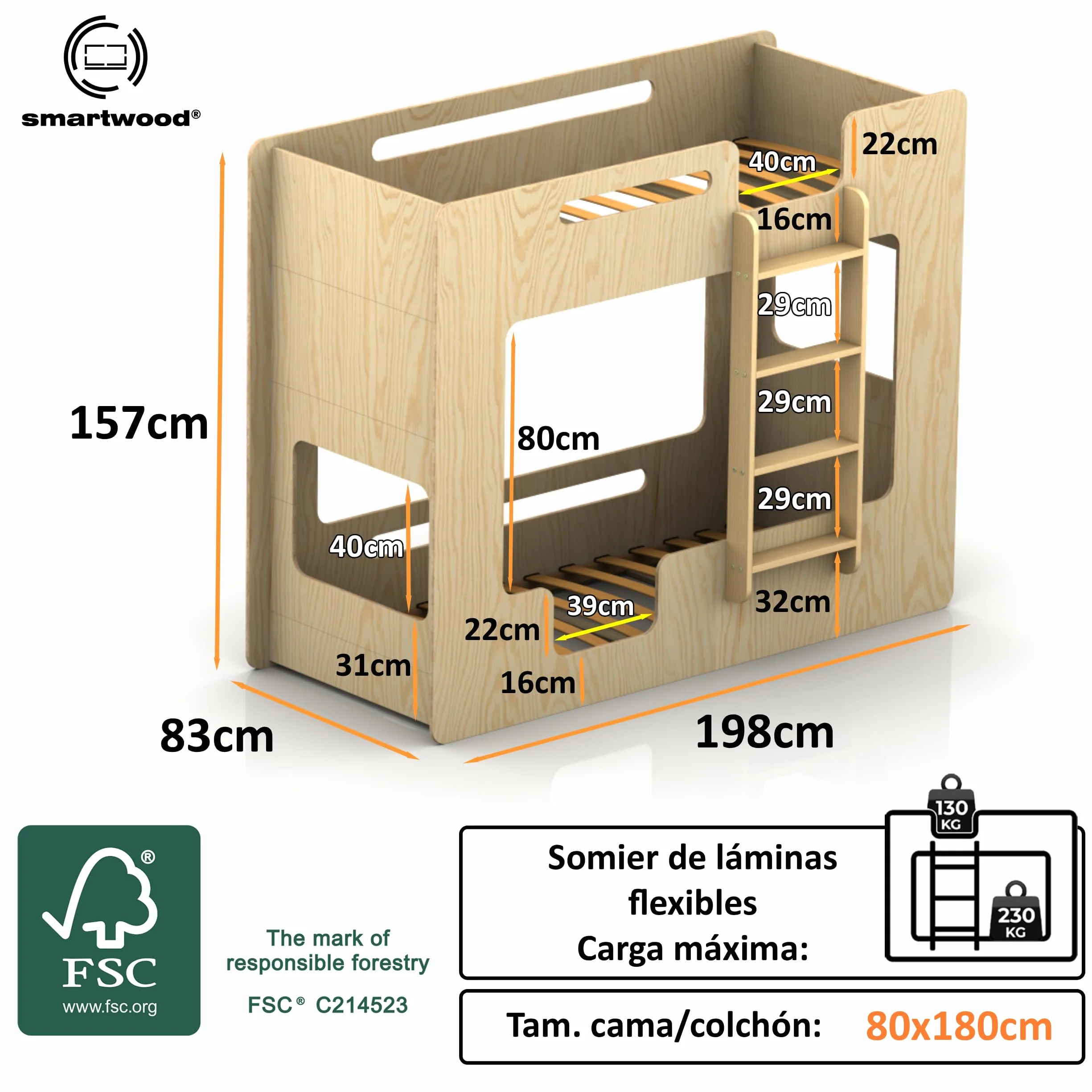smartwood Litera Infantil 80x180 cm Cachemira - Cama Litera de Madera con Barandillas de Seguridad y Somier de Láminas - Soporta hasta 230 kg - para Niños y Niñas - Mimi B