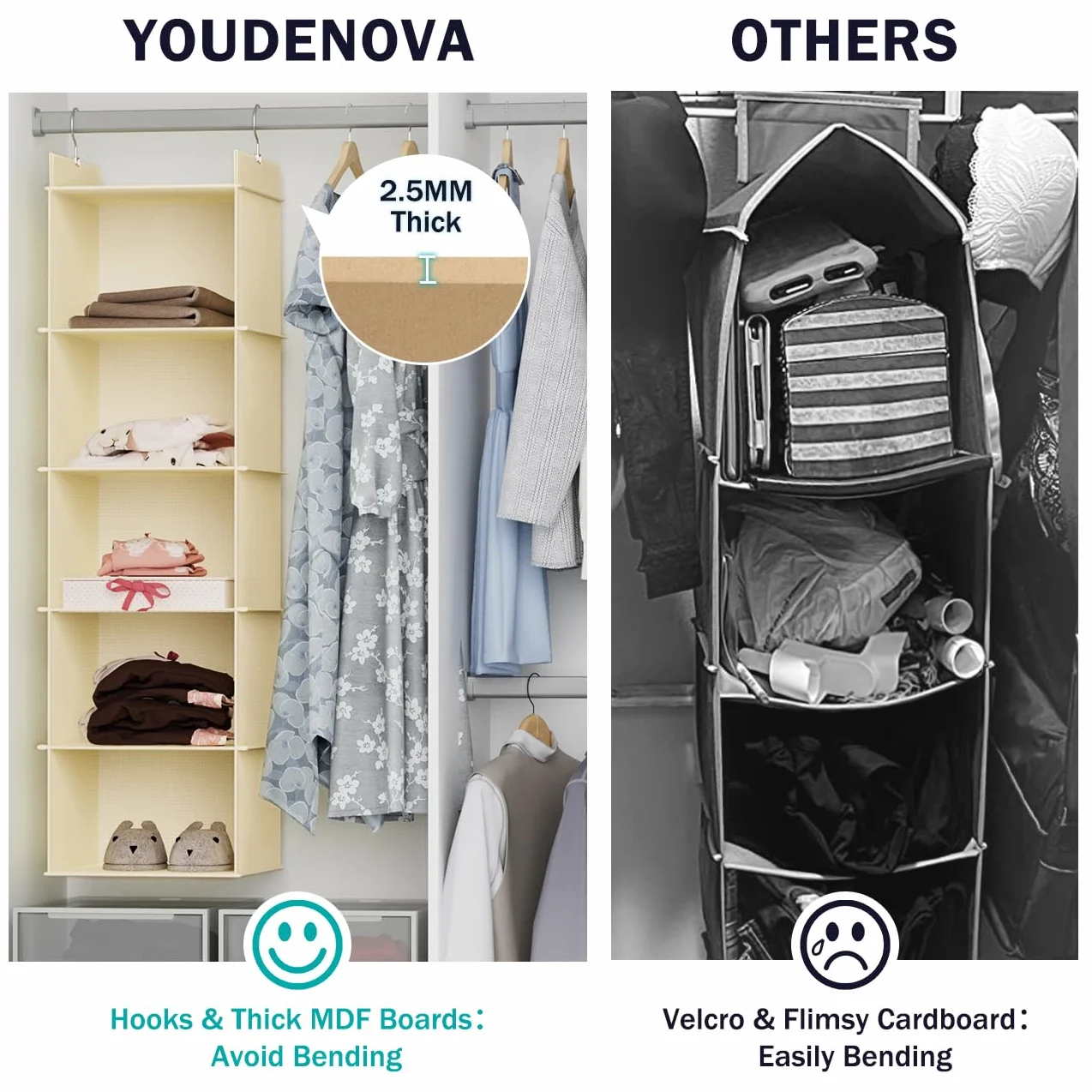 YOUDENOVA Oxford Organizador colgante 6 estantes ganchos metal duraderos armario bambú plegable beige