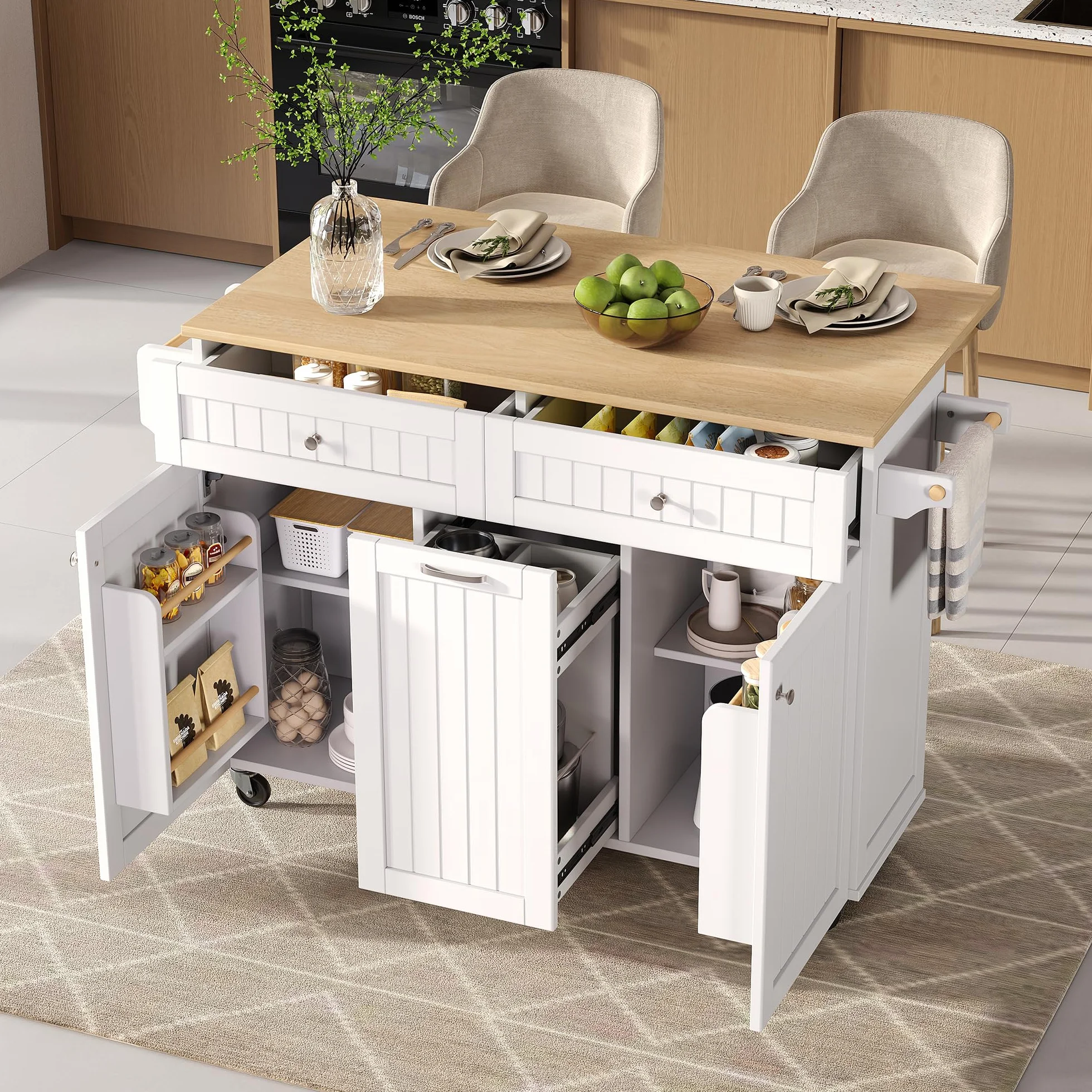 Isla de cocina con ruedas, extensible para comedor, isla de cocina con cajones multifunción, ideal para cocina y comedor (blanco)