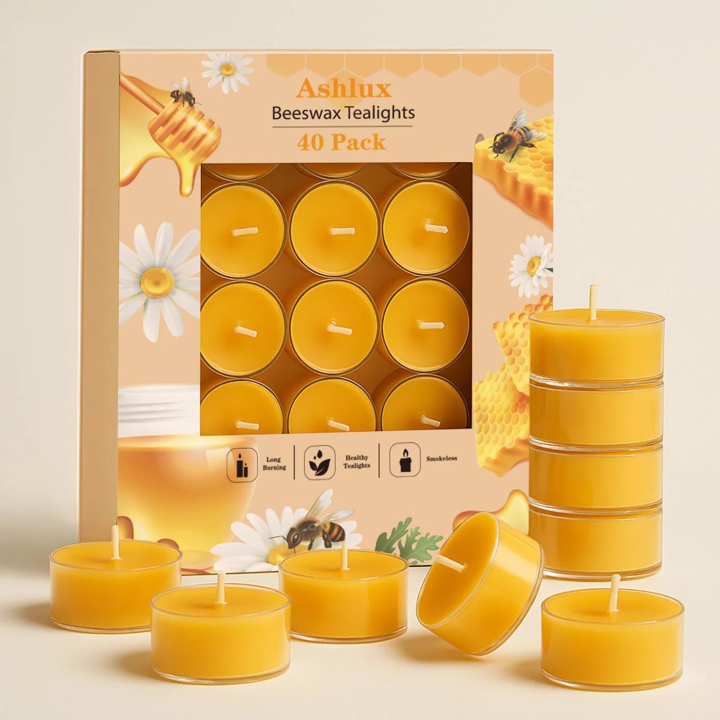 Ashlux Velas de Té de Cera de Abeja 100% Natural, 40 Unidades, 4 Horas de Combustión, Sin Perfume y Sin Humo, Para Hogar, Bodas, Navidad y Spa