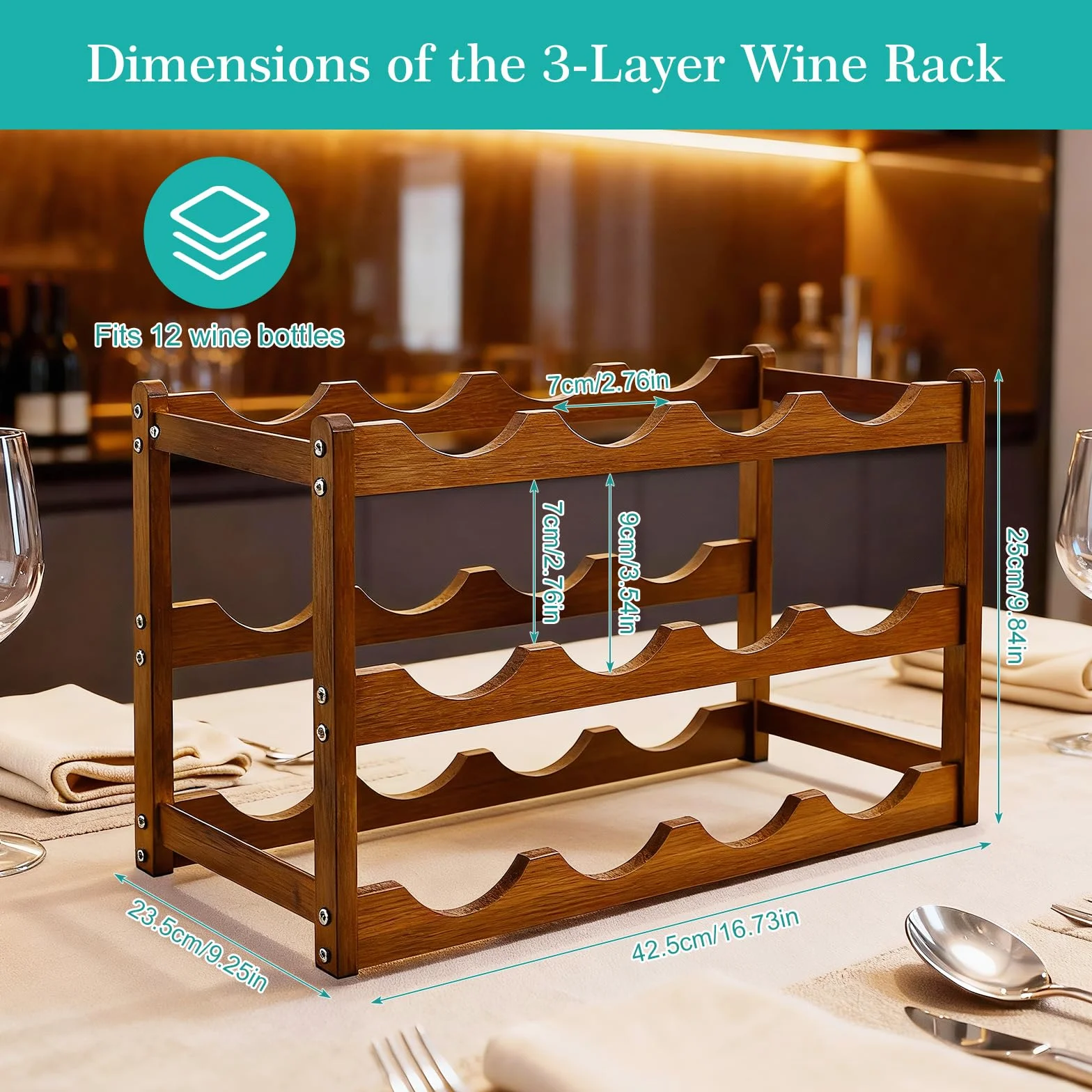 Fentar Vinoteca 12 Botellas, Botellero Vino de 3 Niveles, Botellero Apilable Estable, Botelleros Madera Estrechos para Cocina Bar Cellar (43 x 23,5 x 25cm)