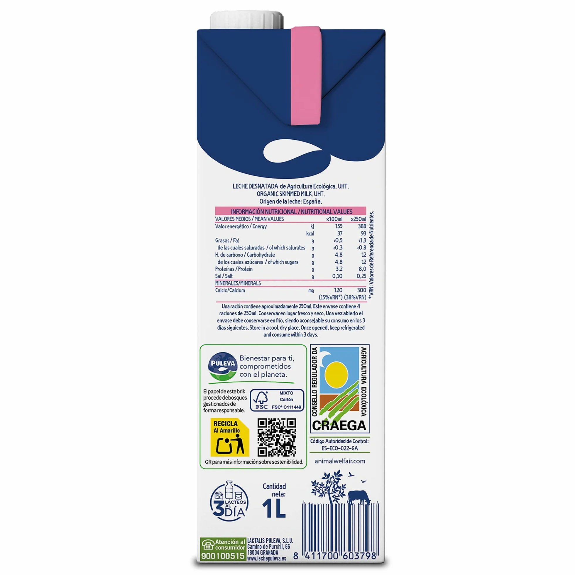 Puleva Leche ecológica Desnatada ECO brik 1L Caja 6 litros
