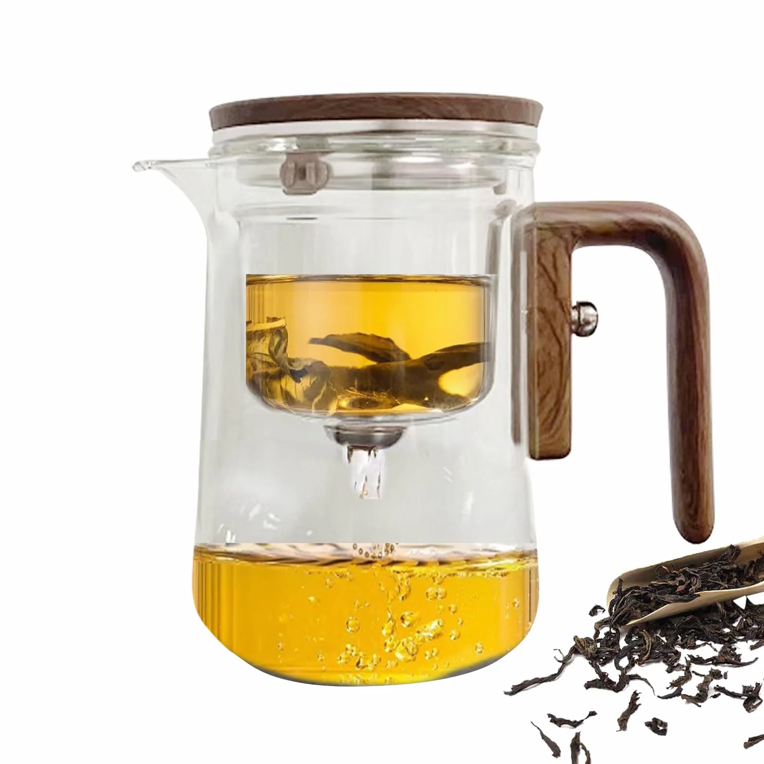 Mágica Transparente Antiderrames Con Infusor De Vidrio Con Separación De Agua Y Mango De Madera