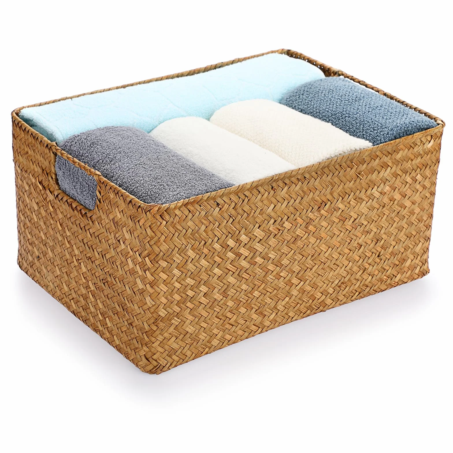 IGNPION Cesta de almacenamiento abierta de mimbre trenzado rectangular para baño, estantes y escritorios, cesta de almacenamiento multiusos (caramelos, grande)