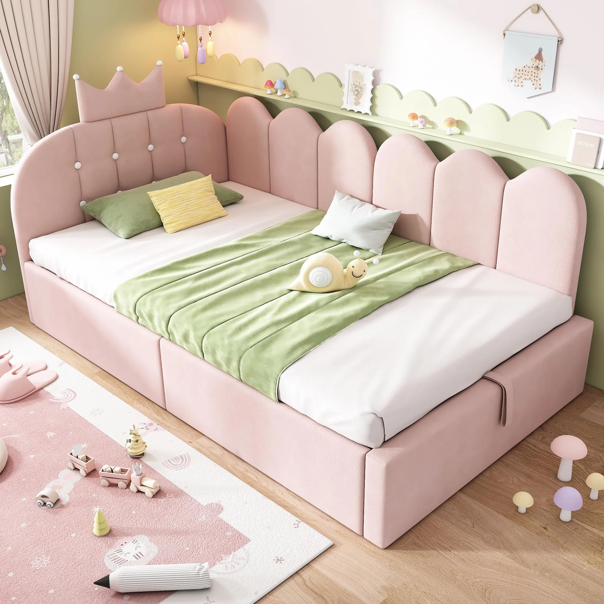 Mrwoo Cama día 90x190 cm con Almacenamiento Hidráulico, Sofá Cama con Diseño de Corona y Rejilla, Cama Infantil, Terciopelo, Rosa(Sin Colchón)