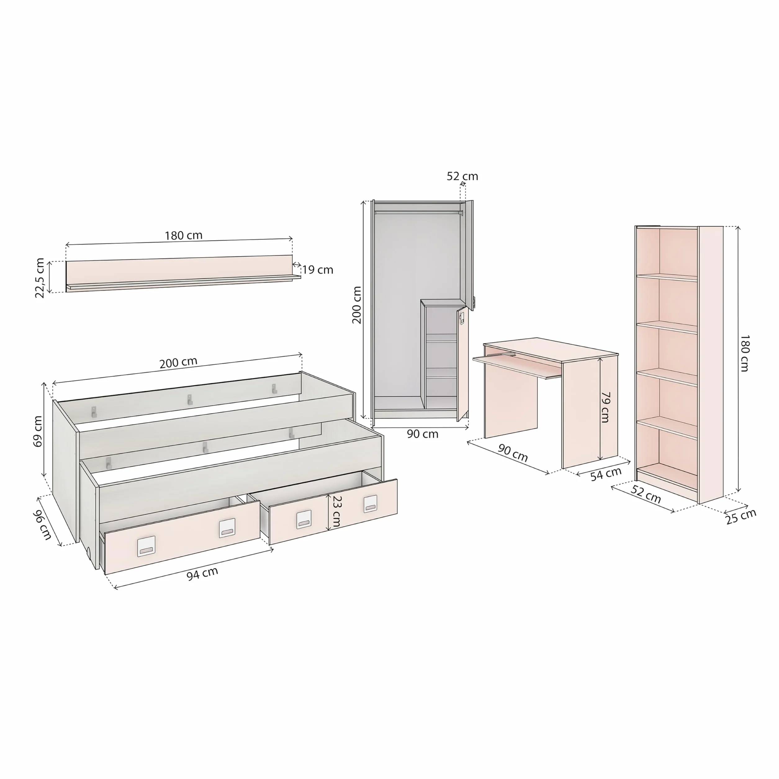 duehome | Pack de Dormitorio Juvenial con Cama Nido Juvenil, Armario, Escritorio y Estantería, Conjunto de Dormitorio Infantil, Modelo Kenia MAX, Acabado en Blanco Alpes, Rosa Pastel y Gris