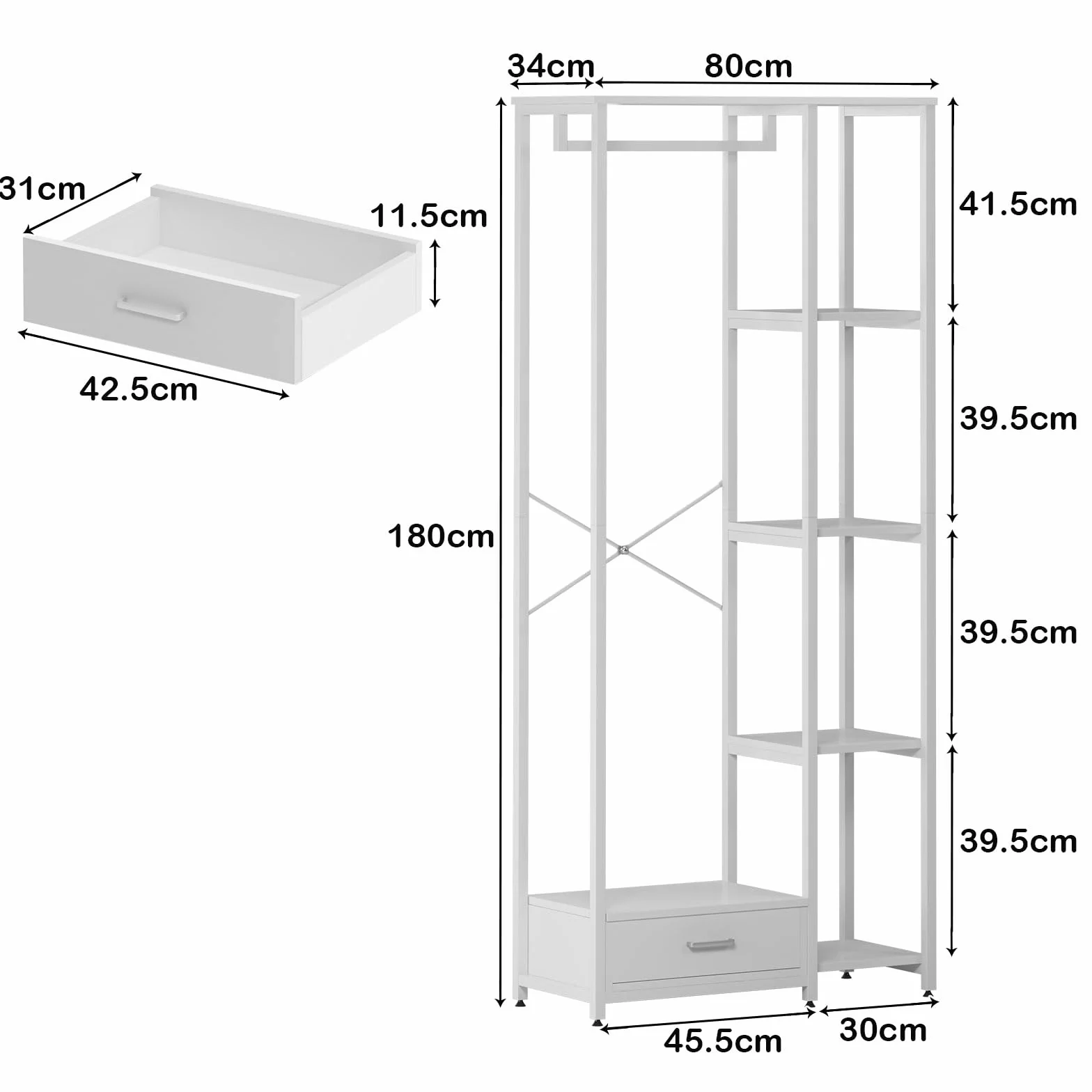 SogesHome Perchero de pie con estantes de almacenamiento y cajón, 3 en 1, de madera, con 4 niveles para dormitorio
