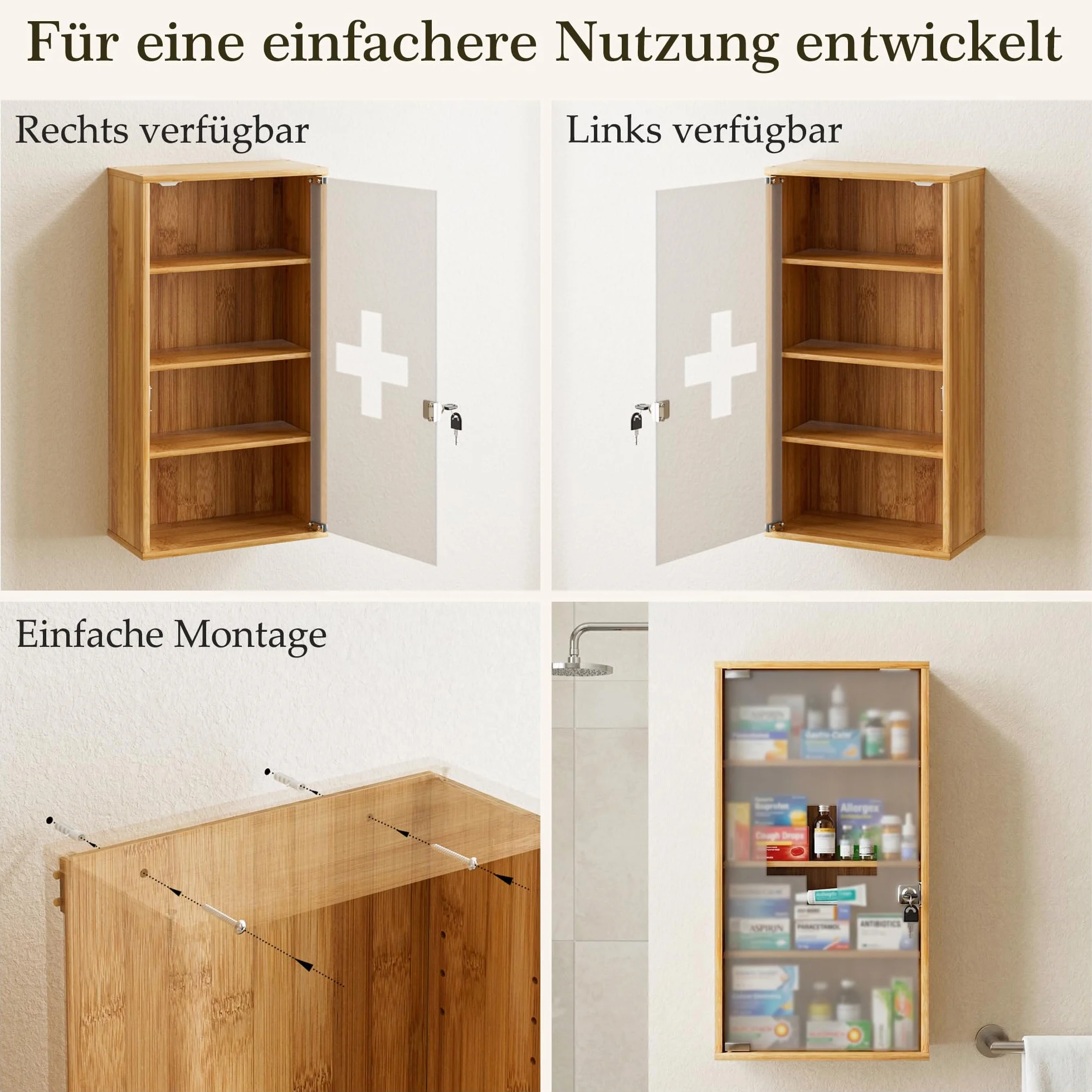 HEYZOEY Botiquín de bambú con cerradura 4 compartimentos 65 x 35 x 18 cm para medicamentos pared baño
