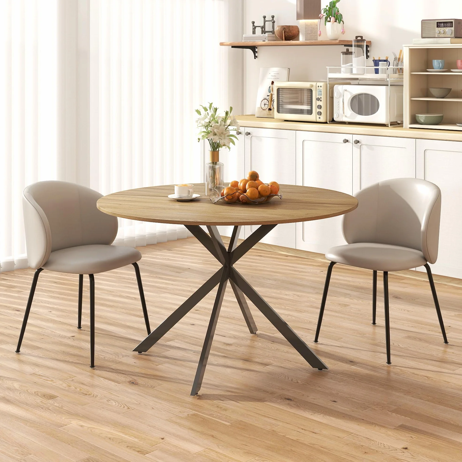 HOMCOM Mesa de Comedor Redonda para 4 Personas, Ø120x75 cm, Mesa de Cocina Industrial con Estructura de Acero, Roble