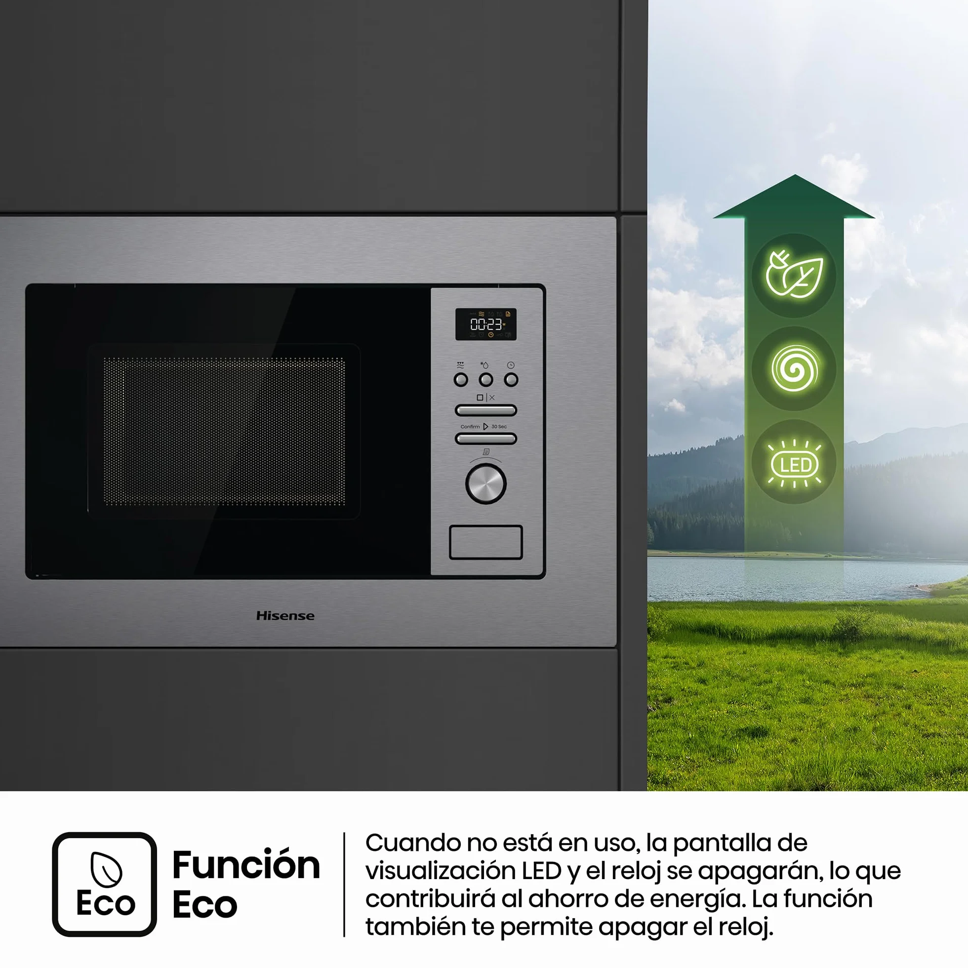 Hisense BIM320G41X - Microondas Integrable, 1000W, 20L, Alto 38.8cm x Ancho 59.5cm, Color Inox, 5 Niveles de Potencia, 15 Programas Preestablecidos, Grill Combo, Descongelar por Tiempo o Peso