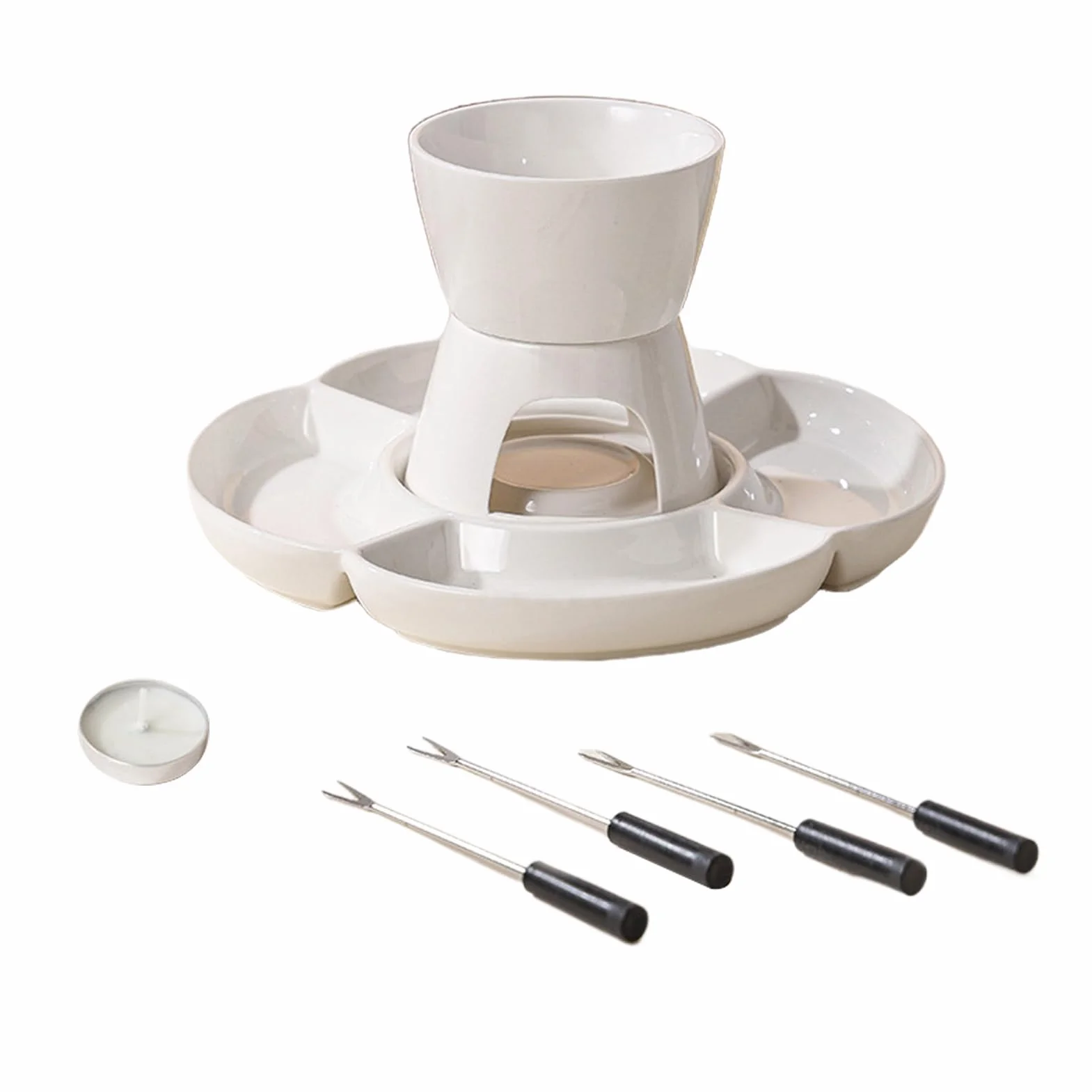 Set de Fondue de Chocolate Cerámica, con vela, Tenedor, Bandeja | Kit Fundidor Chocolate Para Snacks De Frutas, Bocaditos, Noche De Juegos Y Cine, Navidad, San Valentín, Cumpleaños,