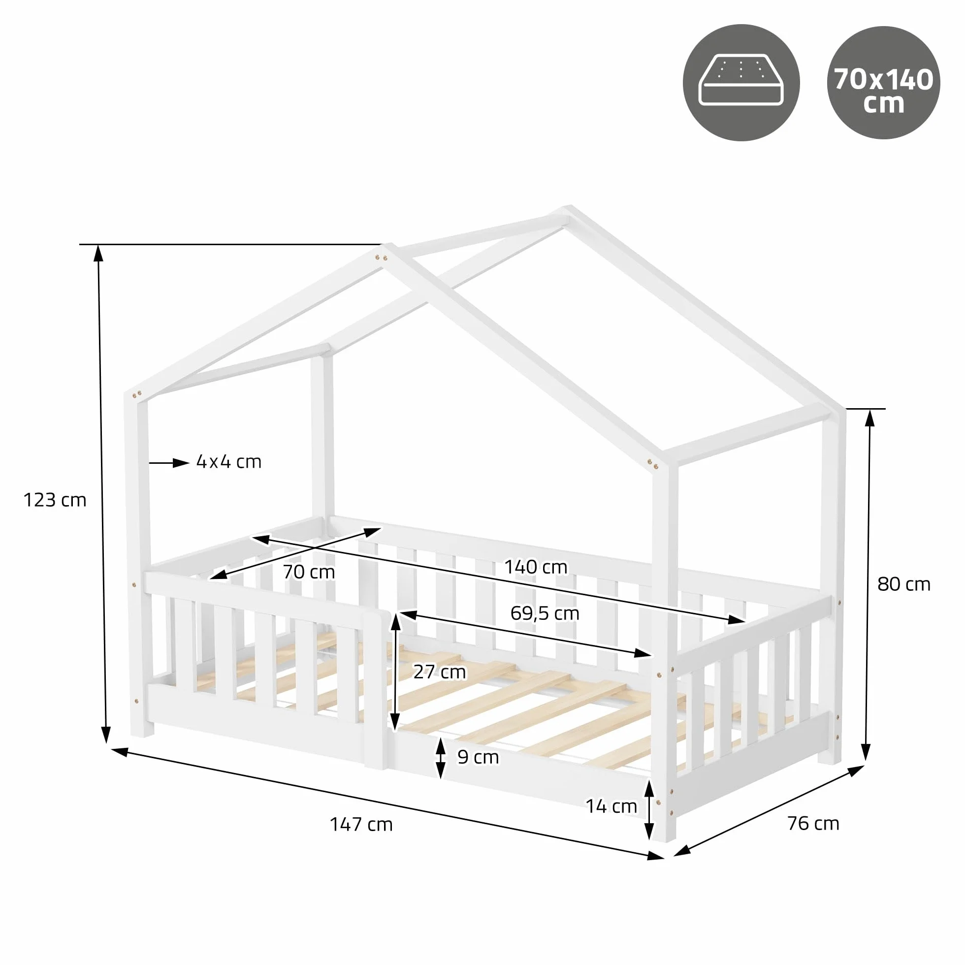 ML-Design Cama Infantil Casa 70x140 cm Madera Blanca Maciza de Pino, Casita Estilo Montessori con Somier de Láminas, Techo y Protección Anticaída, Cuna Baja de Suelo para Niños, Litera Junior