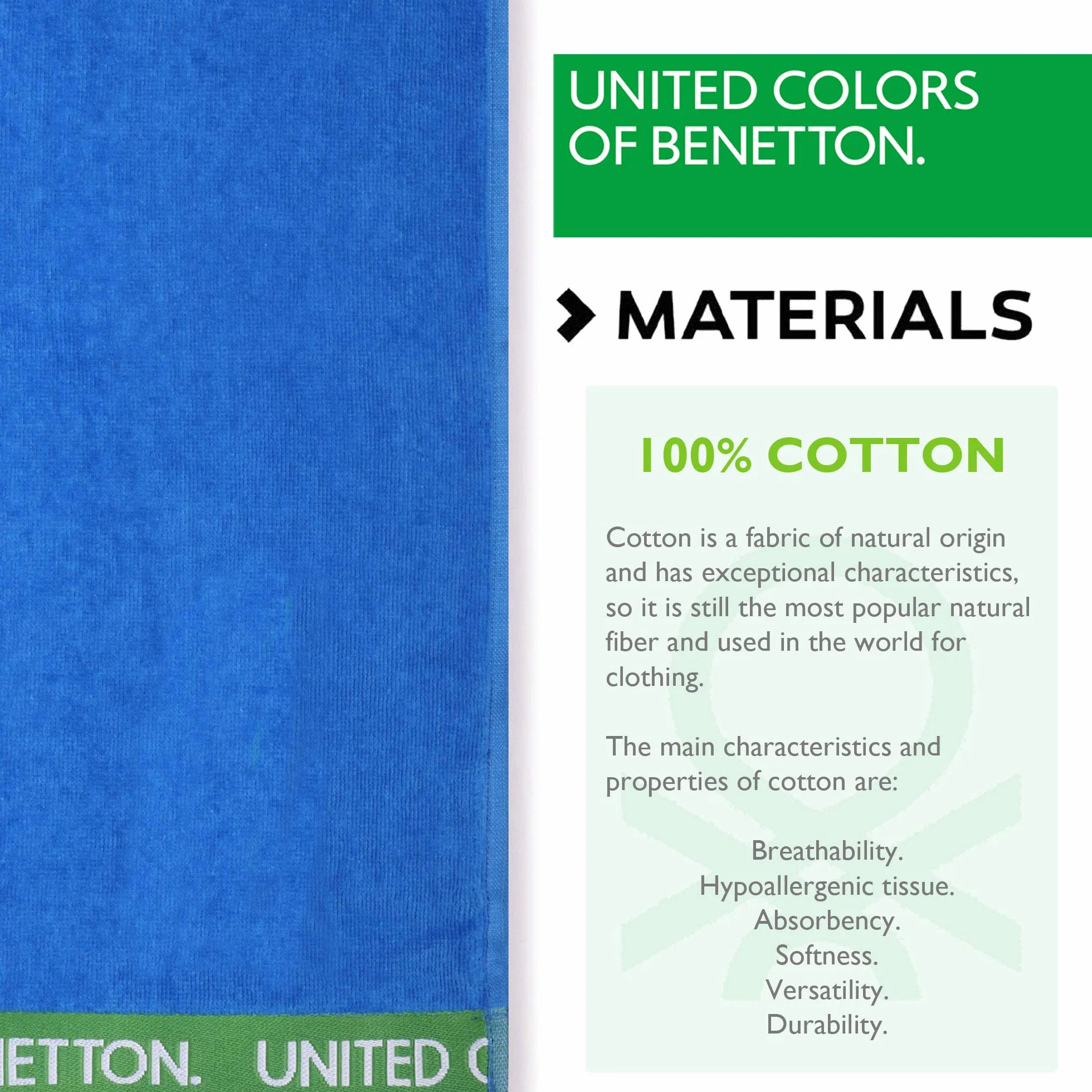 UNITED COLORS OF BENETTON, Toalla de playa 90x160cm 380gsm velour 100% algodón azul Casa Benetton, 90x160