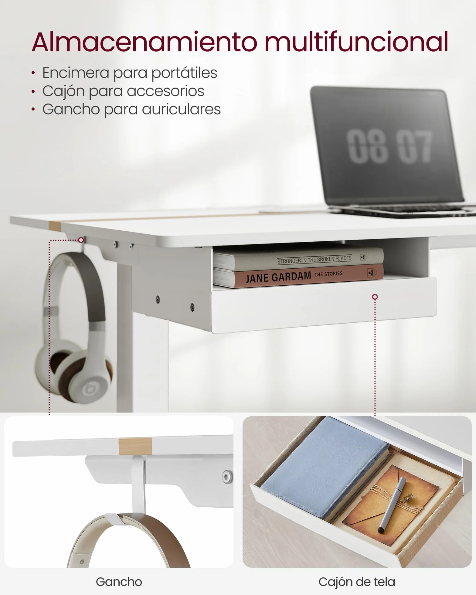 VASAGLE Escritorio Regulable en Altura 140x60 cm Mesa Eléctrica con Enchufe y Cajón Blanco