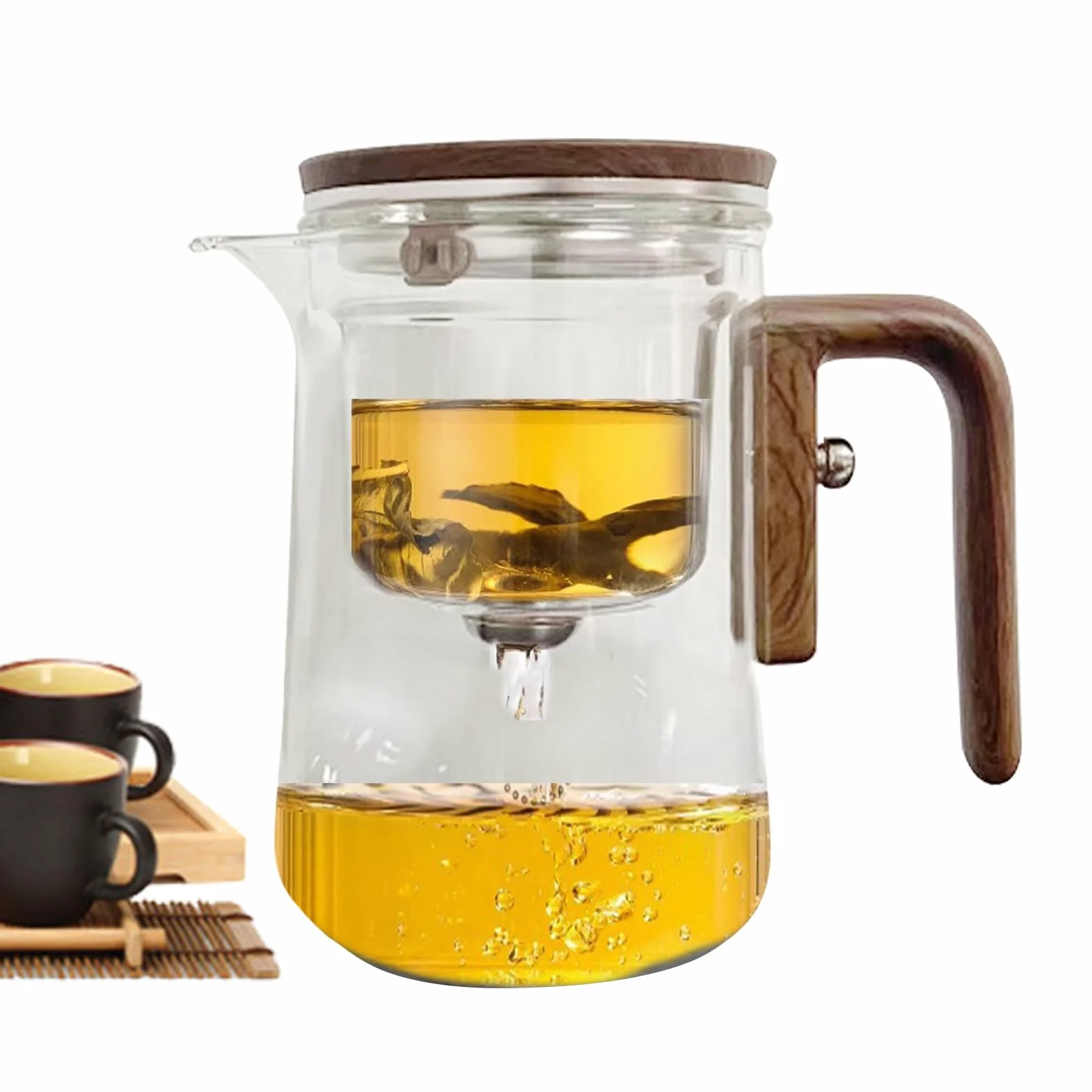Mágica Transparente Antiderrames Con Infusor De Vidrio Con Separación De Agua Y Mango De Madera