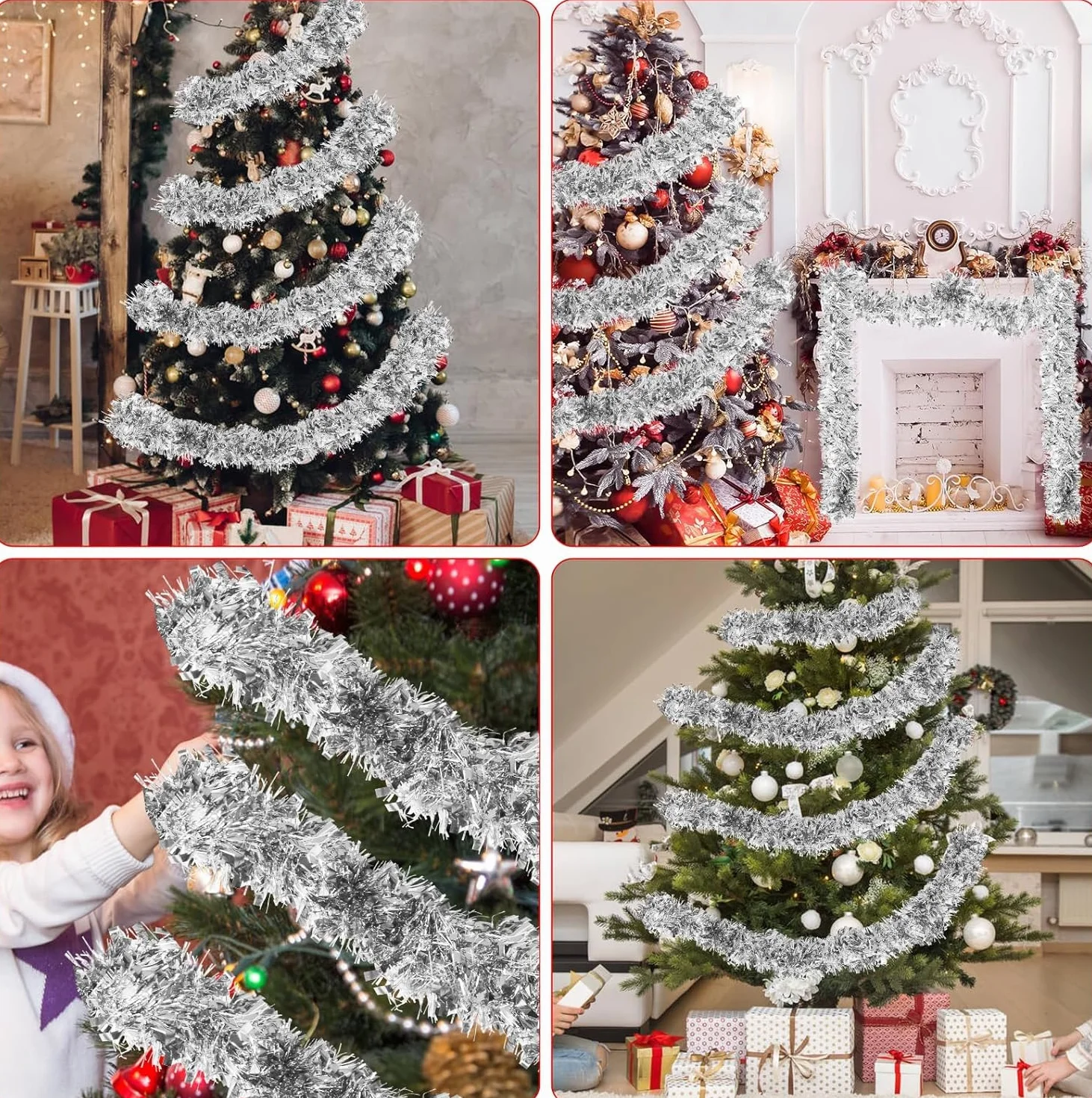 SULOLI Guirnalda de Oropel Navidad de 10 m，Guirnaldas de Tinsel，Espumillón de Cumpleaños，Fiesta，Escalera，Chimenea，Paredes，Árbol de Navidad（Plata）