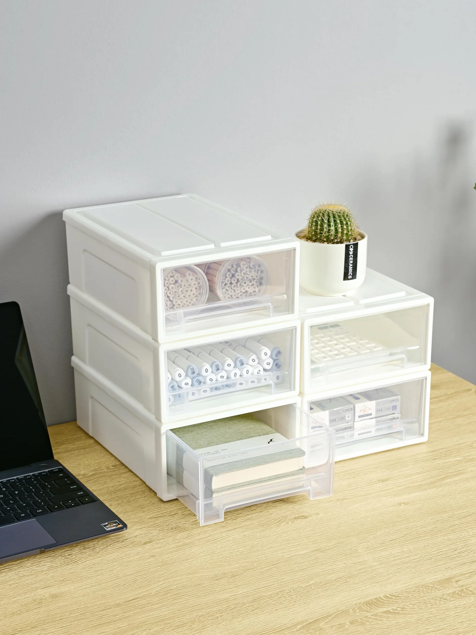 Cetomo 5L*3 Cajones de Almacenamiento de Plástico, Organizadores para Escritorio de Oficina, Caja de Almacenamiento, Torre Apilable para Cosméticos, Resistente, Blanco y Transparente, 5L-3 Unidades