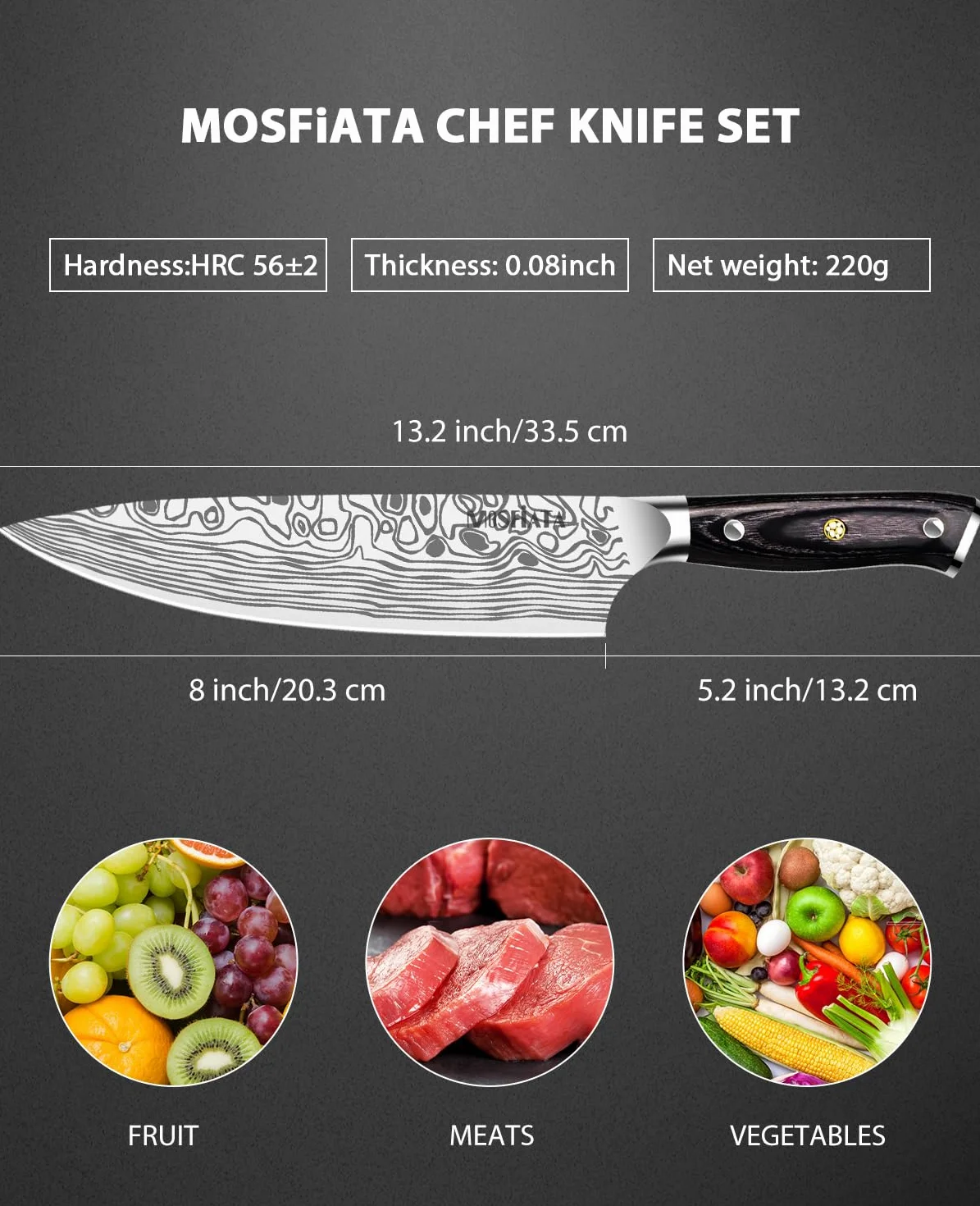 MOSFiATA Cuchillos de Cocinero Profesional, 20cm, Acero Inoxidable Alemán con Afilador, Protector de Dedos y Funda, para Fruta, Verduras y Carne