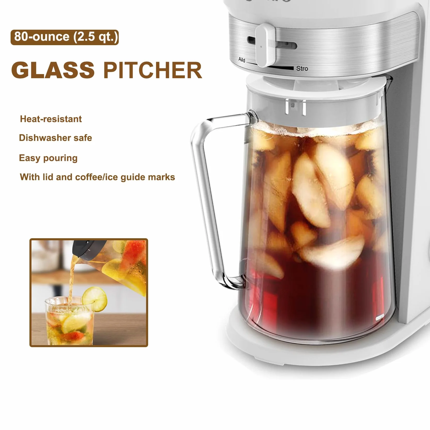 LITIFO - Máquina de té helado y cafetera helada con jarra de 2.5 cuartos de galón, selector de fuerza deslizante para personalización del sabor, acero inoxidable (blanco)