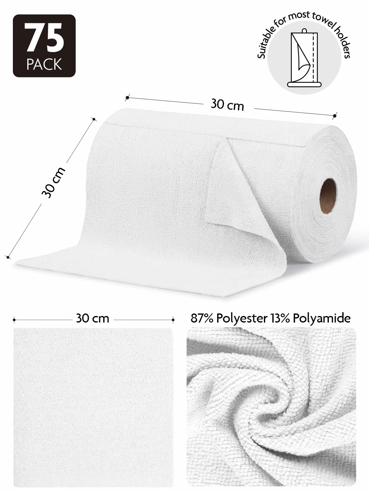 Paño de Microfibra 75 Unidades 30x30 cm Rasgables Sin Pelusas Reutilizables Blanco