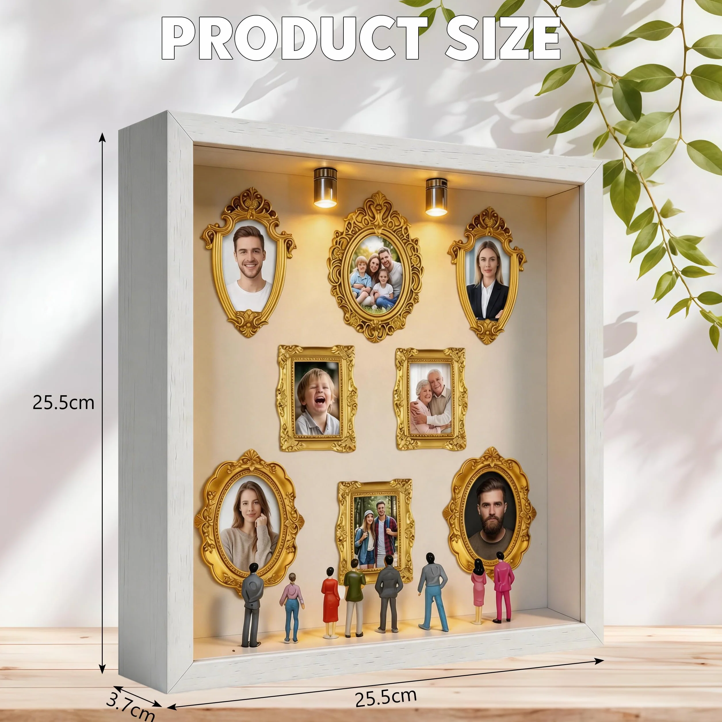 Caja de silueta de museo para manualidades, mini figuras de museo, con mini marco de fotos vintage y miniatura, caja de sombra con luz LED (blanco)