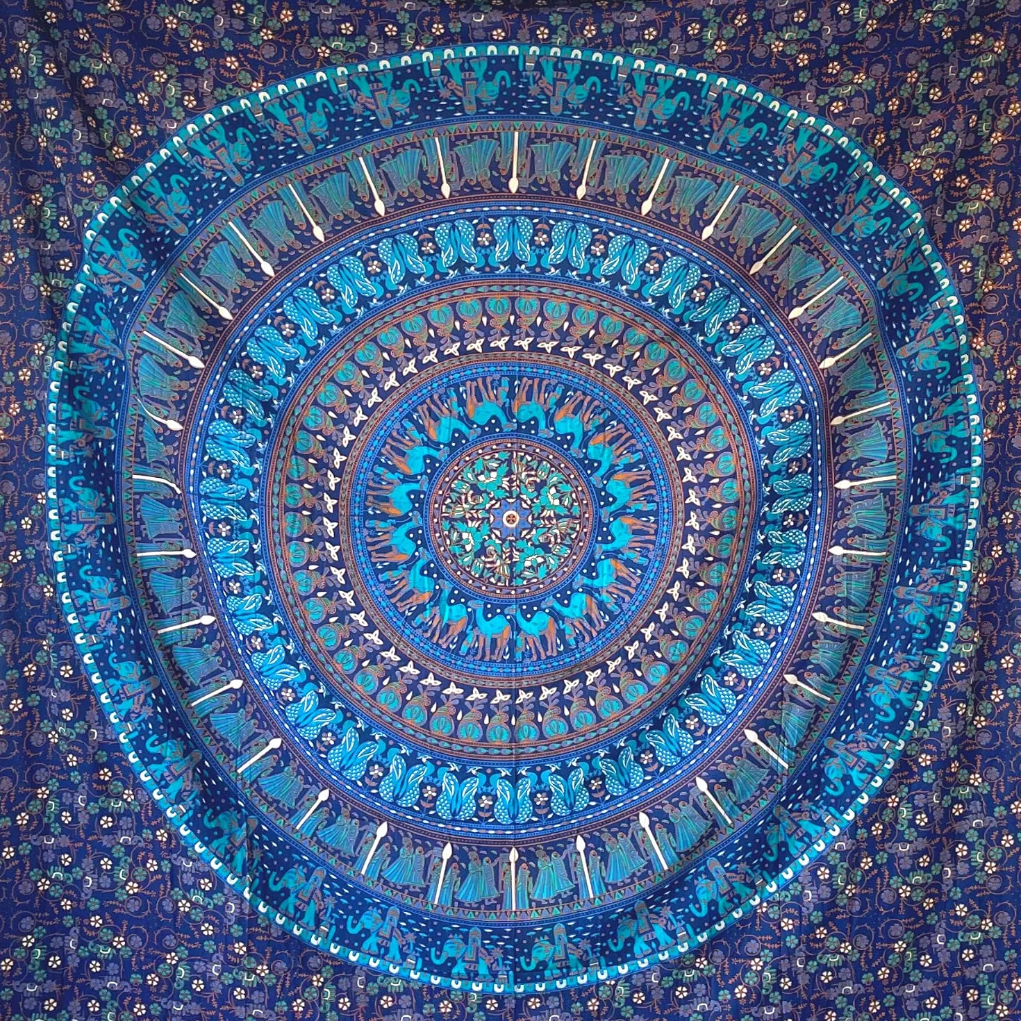MOMOMUS Tapiz Mandala para la Pared - 100% Algodón, Colores Vivaces, Estilo Oriental- Ideal como Tapiz de Pared Aesthetic, Tapiz Decorativo de Pared o Arte Mural Indio en Tela - Azul, 210x230 cm
