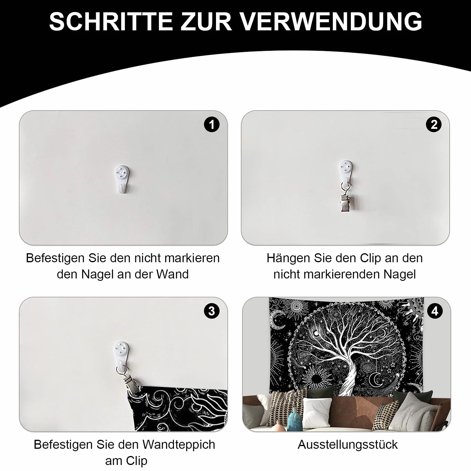 BOZILY Tapiz de pared Árbol de la Vida Blanco y Negro Fases Luna 150x200 cm