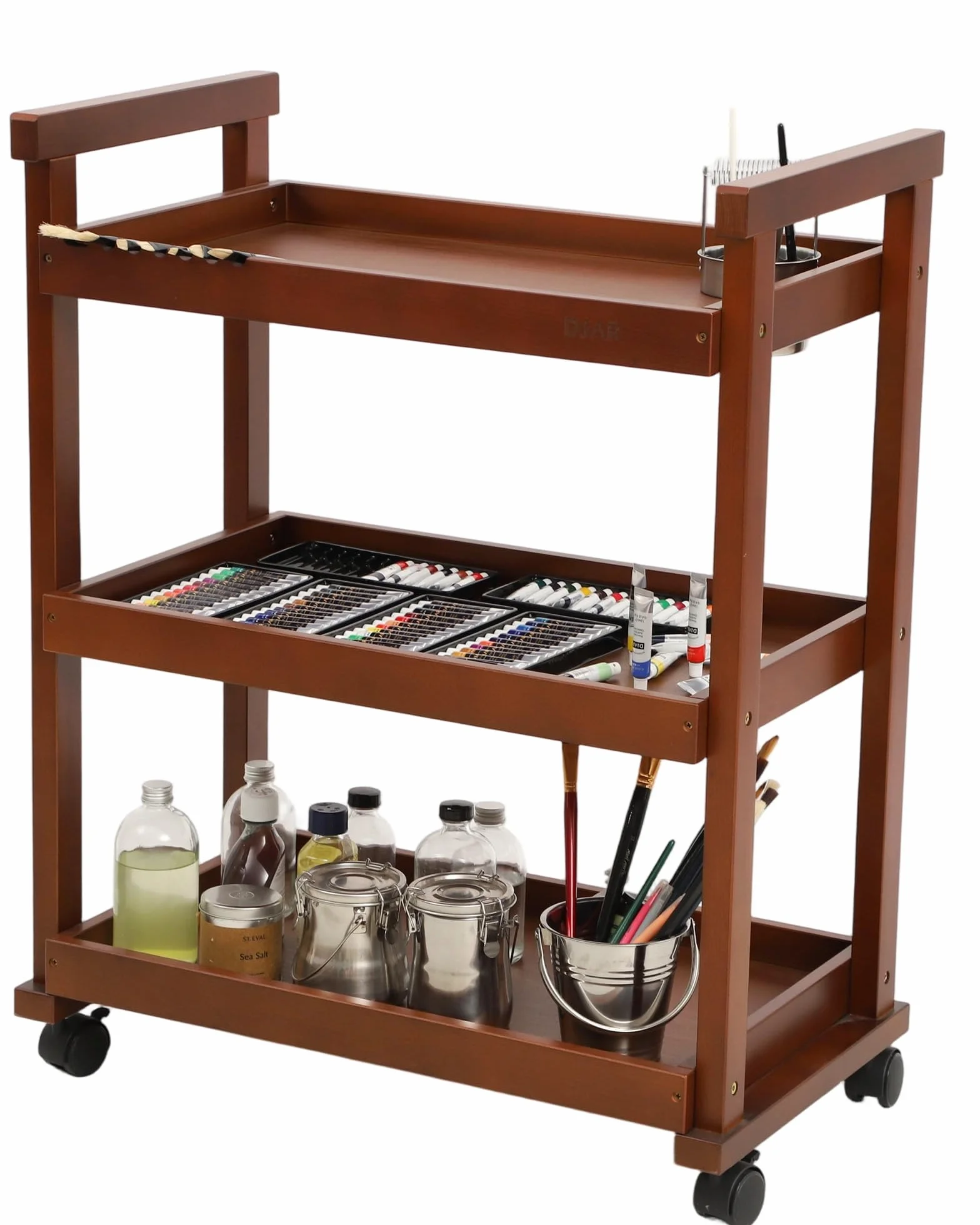 DJAR Organizador de carrito de arte, carrito de almacenamiento de madera de haya para estudio, oficina, carrito utilitario rodante con ruedas, nogal