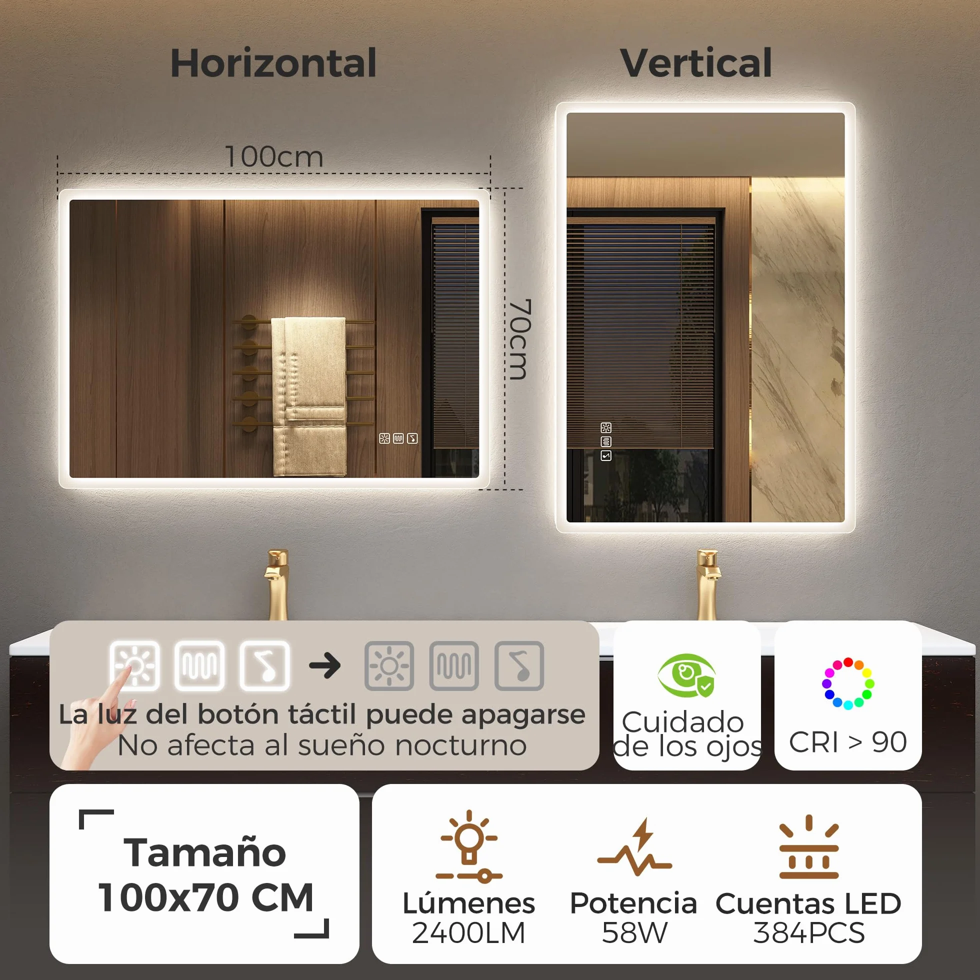 STARLEAD Espejo Baño con Luz Bluetooth 100x70cm LED Antivaho IP44 Vidrio Templado HD