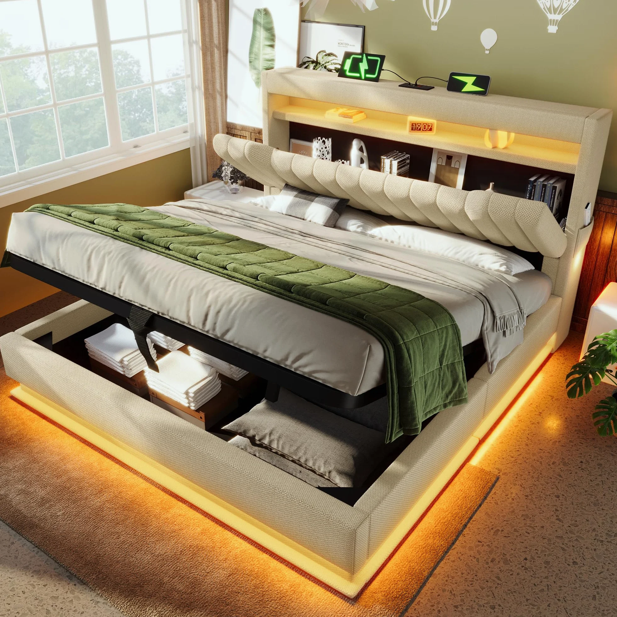 Cama tapizada de 180 x 200 cm, cama doble, cabecero de almacenamiento con conexiones USB y tipo C, iluminación LED en la cabecera y los pies de la cama, con espacio de almacenamiento hidráulico, lino