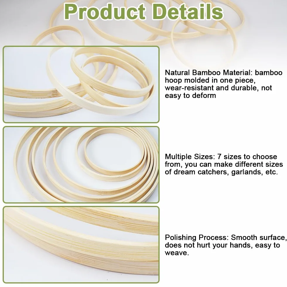 EXIN DECHEN 14 Piezas Aros de Madera Bambú para Manualidades, 7 Tamaños Anillos de Madera de Bambú, Aros Madera para Atrapasueños, Anillos Macramé Aro Manualidades para Atrapasueños, Guirnalda de Boda