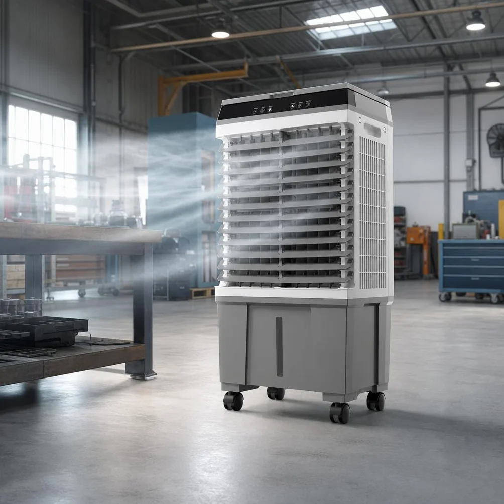 Climatizador Evaporativo Industrial 20L | Sin Tubo Exterior | Naves, Talleres y Terrazas hasta 20 m² | 65W | 3 Velocidades | Mando a Distancia | 4 Acumuladores de Frío | Oscilante | Portátil