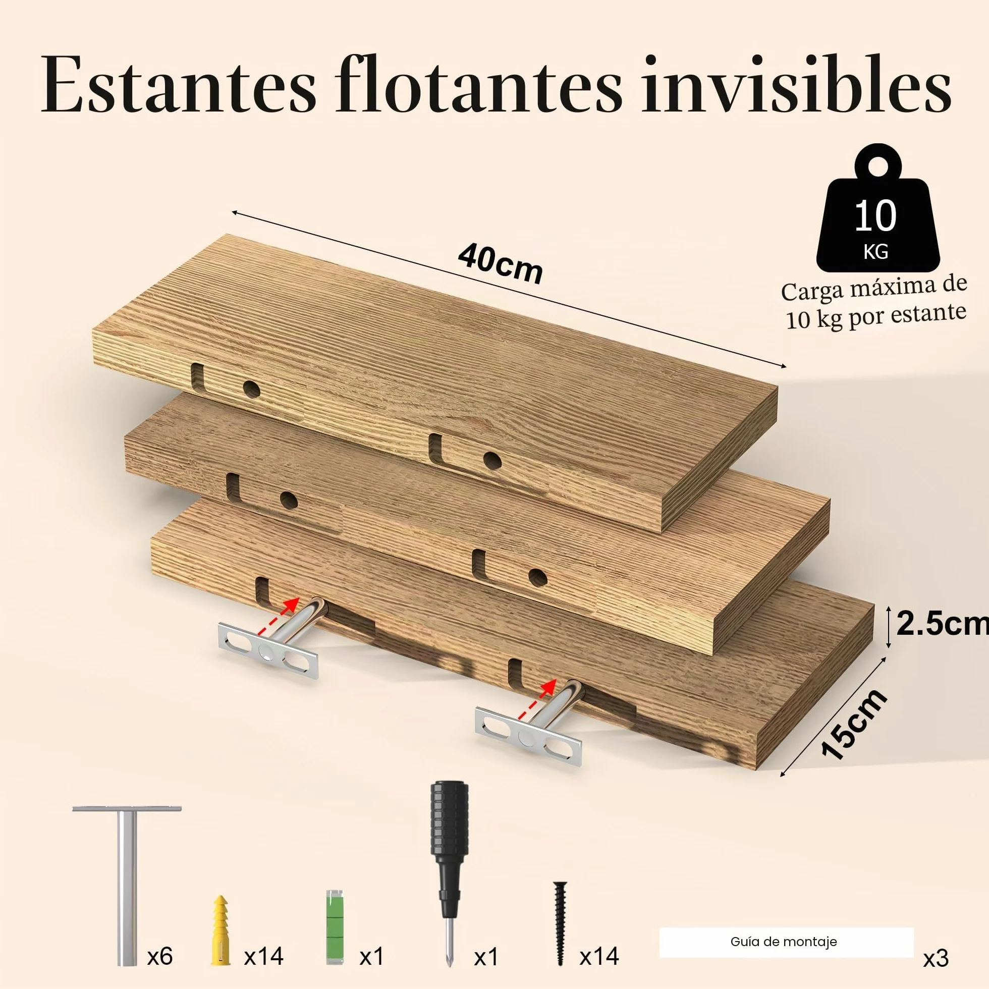 Estantes flotantes de madera rústicos 40 cm con soportes invisibles juego de 3