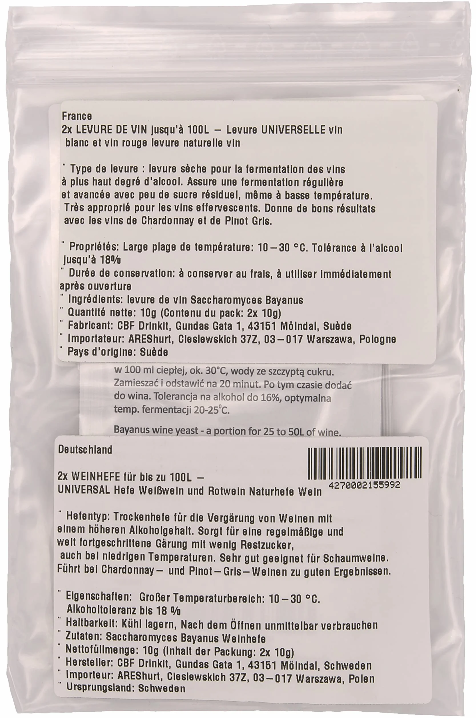 LEVADURA DE VINO natural universal para vino blanco y tinto hasta 100L
