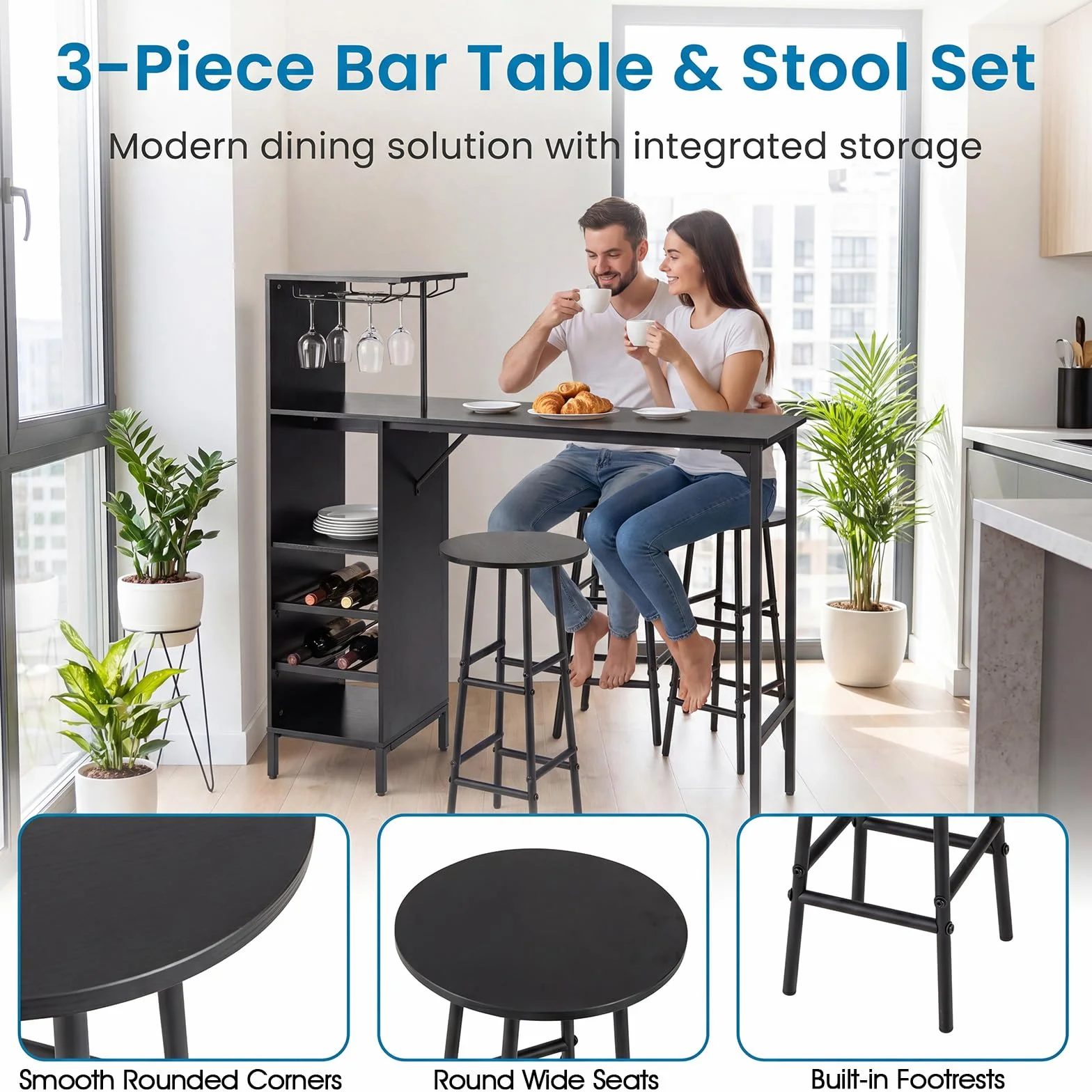 GIANTEX Juego de bar de 3 piezas, mesa y taburetes de bar, mesa de desayuno con taburetes, mesa de bistro en forma cuadrada 120 x 40 x 90 cm, 4 colores (negro)
