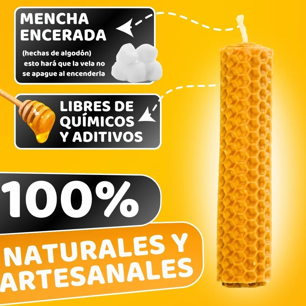 Velas de Miel de Abeja 100% Natural Española Cera Pura - Pack de 8, 10 cm x 2,2 cm