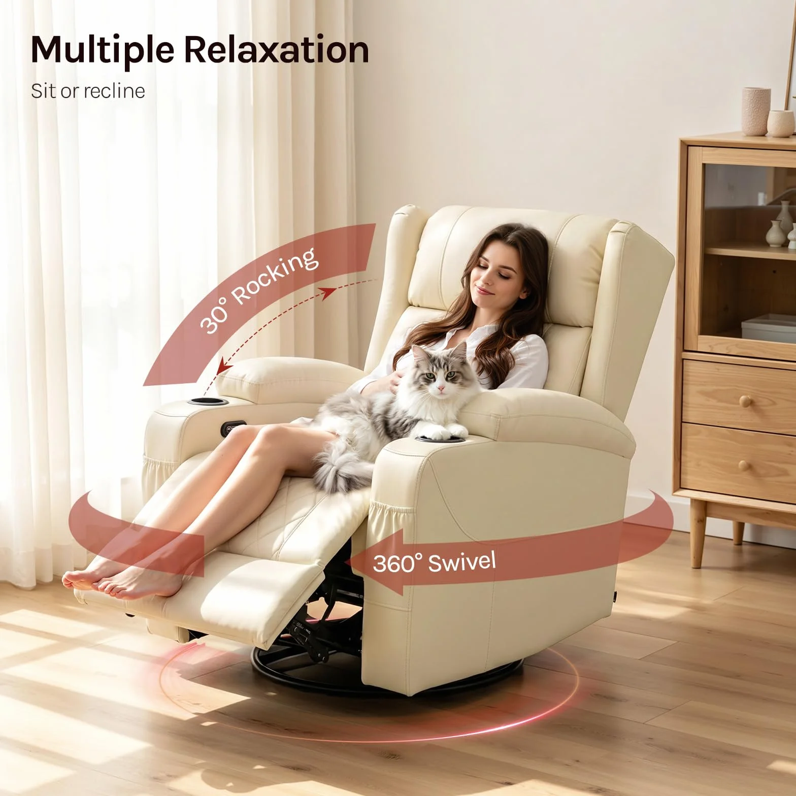WOLTU Sillón Relax Reclinable, Sofa Individual Giratorio 360° de Función Balanceo y Respaldo Ajustable, con Reposapiés, Bolsas Laterales y Portavasos, Carga 150 kg, Tapizado en PU, Beige
