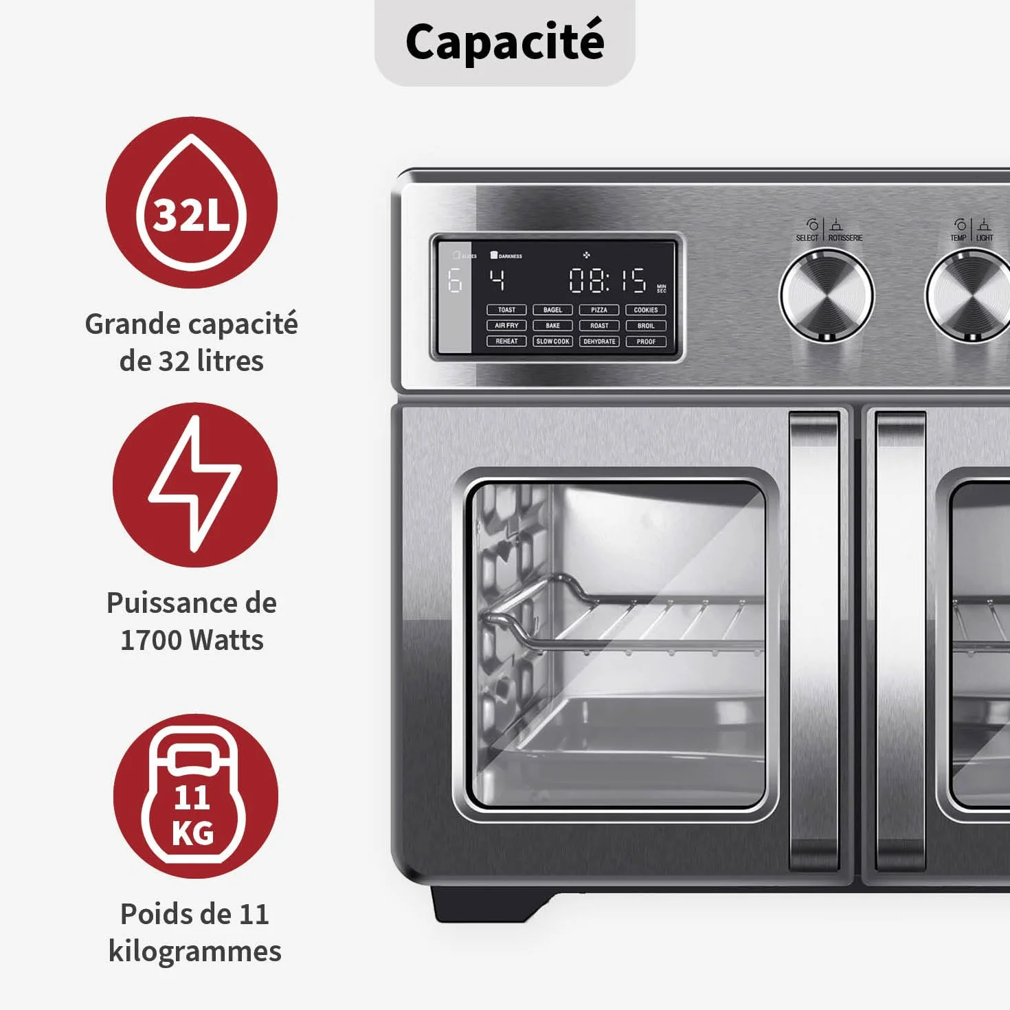 TurboTronic Horno Digital 32L 4en1 Asador Giratorio Freidora de Aire