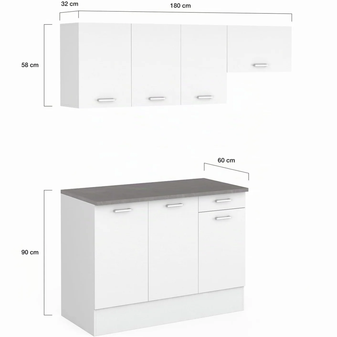 IDMarket - Cocina completa 180 cm sutil con encimera 5 elementos blanco y bandejas de hormigón