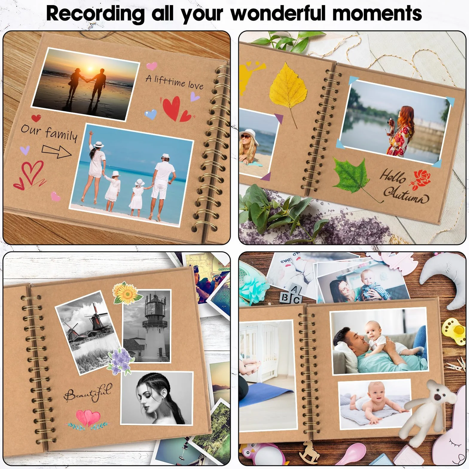 Álbum de Fotos Scrapbook 24x24cm, DIY Espiral Álbum de Recortes para Pegar y Escribir 80 Páginas, Regalos de Boda Aniversario Bebé Cumpleanos Familiares (Caqui)