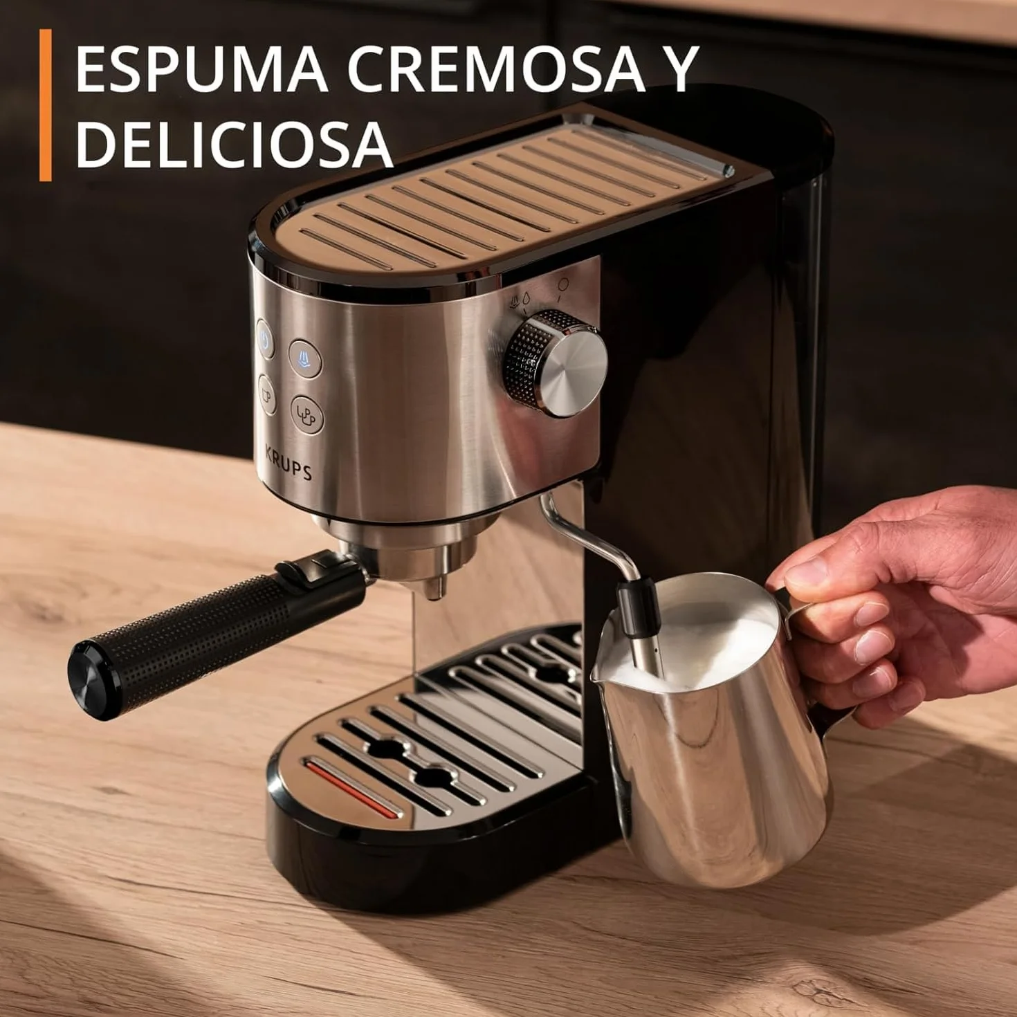 Krups Virtuoso Essential - Cafetera espresso 15 bar, acero inox negro, diseño compacto y elegante, parada automática, espresso y cappuccino, Thermoblock, boquilla de vapor, incluye cuchara, XP4418
