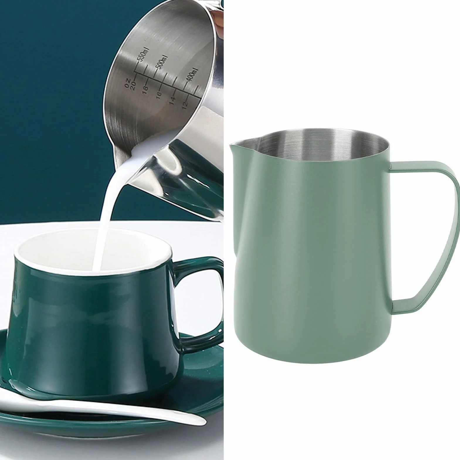 SIXRUN Jarra de café con Leche, Taza para Espumar Leche de Acero Inoxidable de 600 Ml con Boca Puntiaguda para Latte Art, Perfecta para Baristas Caseros y Amantes del café (verde oscuro)