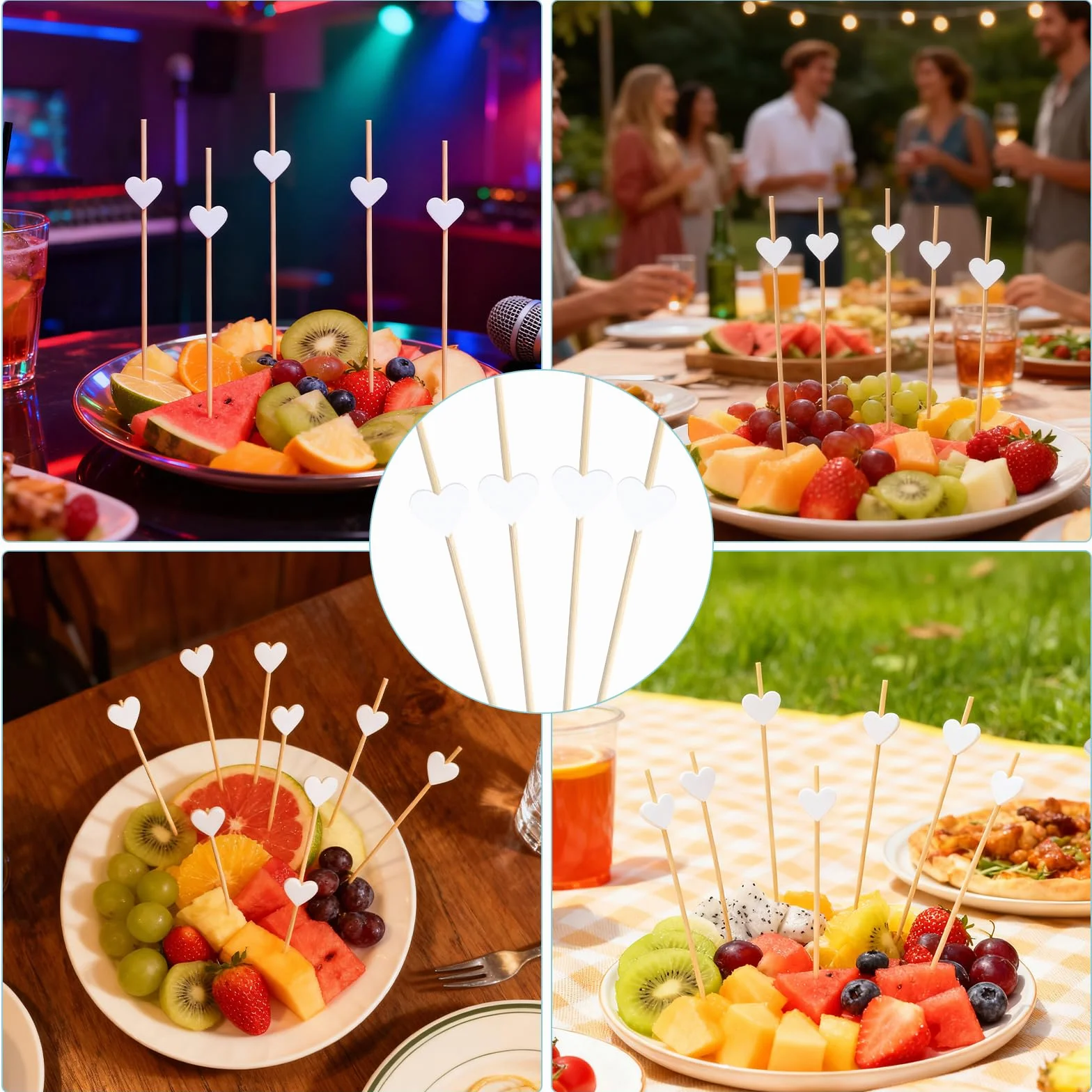 Palillos Decorativos Corazón Blanco 100 uds para Aperitivos, Cócteles, Frutas y Buffet