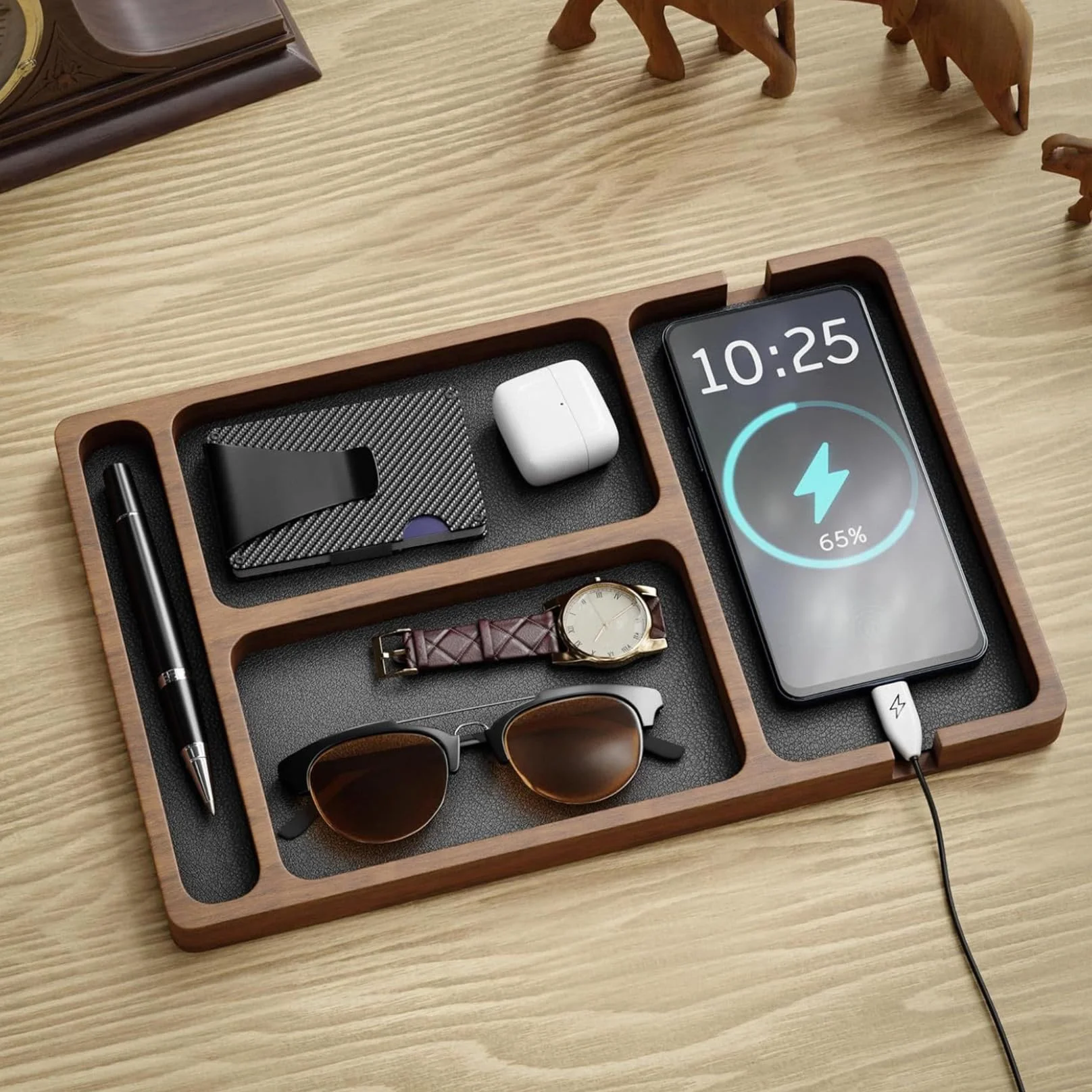 Bandeja de Valet de Madera con incrustación de Cuero, Organizador de Nocturno de Compartimento 12x8 para Hombres Mujeres, Captura Todo Bandeja para Llaves, teléfono, Billetera, Reloj, Auriculares, or