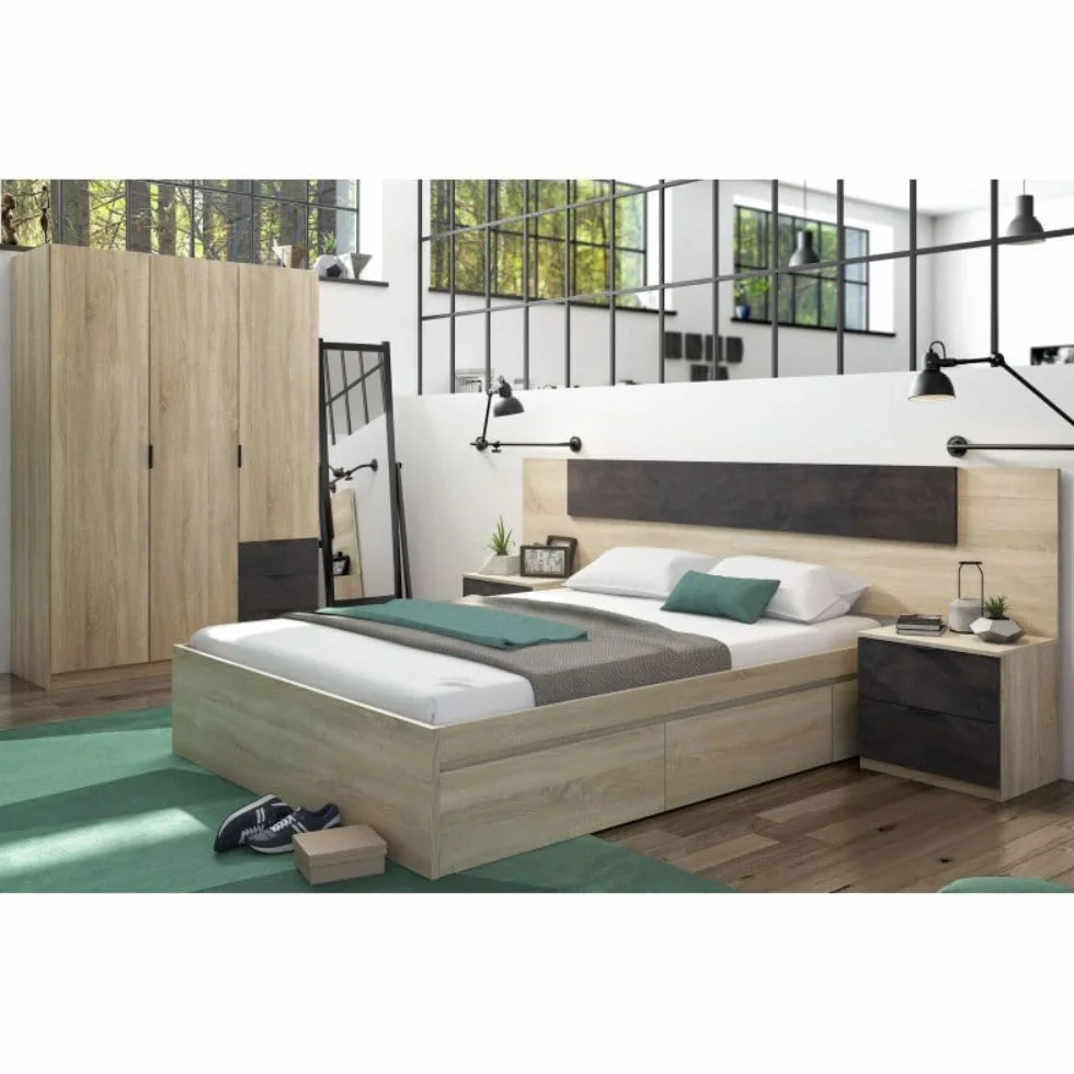 Mobelcenter, Conjunto Dormitorio Matrimonio Oxido, Color Roble Canadian y Oxido, Cabezal para Camas de 135 y 150 cm, 2 Mesitas de 3 cajones, Armario 3 Puertas 3 Cajones y Cama con 4 cajones (P0021)