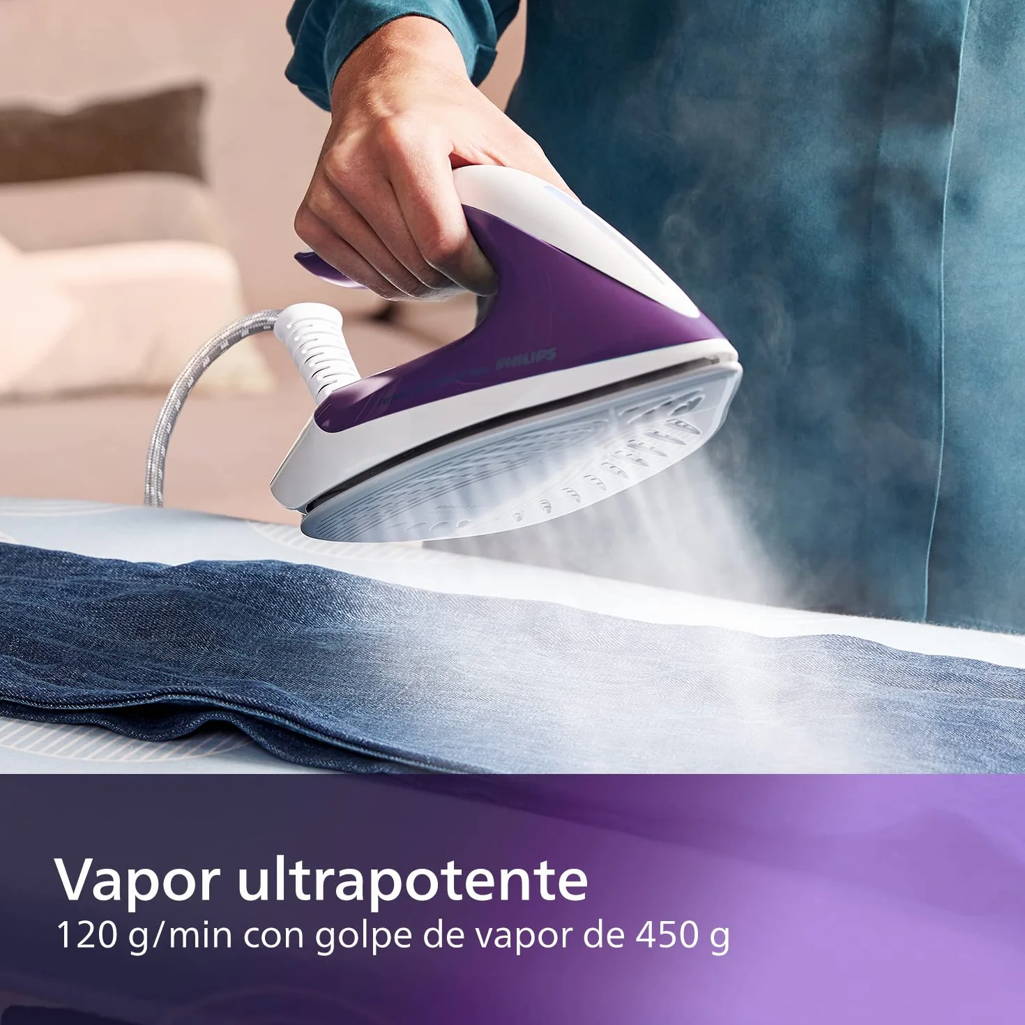 Philips PerfectCare Compact Plus Centro de Planchado - 2400W, Golpe de Vapor 450g, Presión 6.5 bar, Tec OptimalTEMP, Depósito 1.5 L, Púrpura/Blanco (GC7933/30)