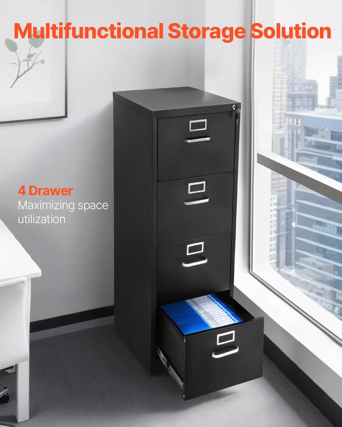 VEVOR Archivador Vertical de Metal, Archivador Vertical 450 x 620 x 1340 mm de 4 Cajones con Cerradura, Barra de Suspensión Desmontable para Archivos de Tamaño A4/Carta/Legal para Oficina, Negro