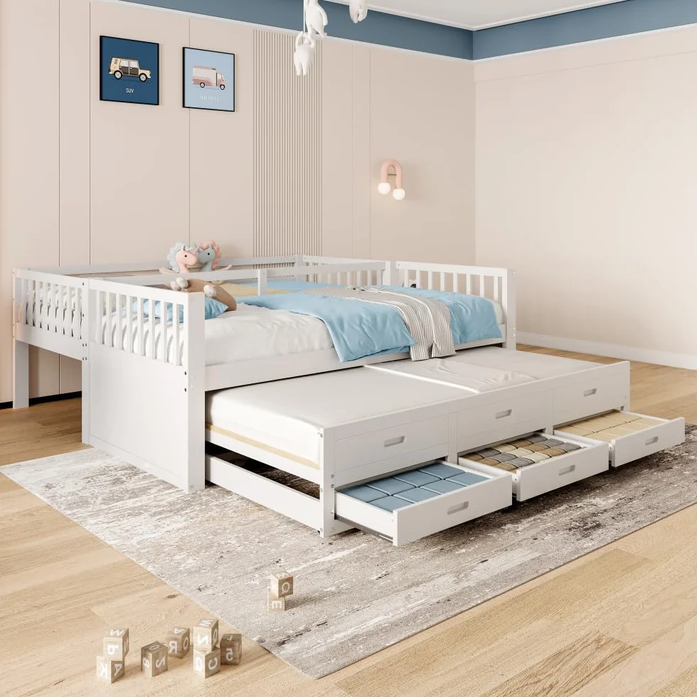 Litera infantil de 90x200cm con escalera, cama extraíble y 3 cajones, estructura de pino y MDF, barandilla alta, convertible en 2 camas individuales, colchón no incluido, Blanco